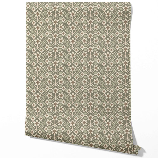 Modern Botanical Floral Traditional Wallpaper (Olive Green/ Beige)