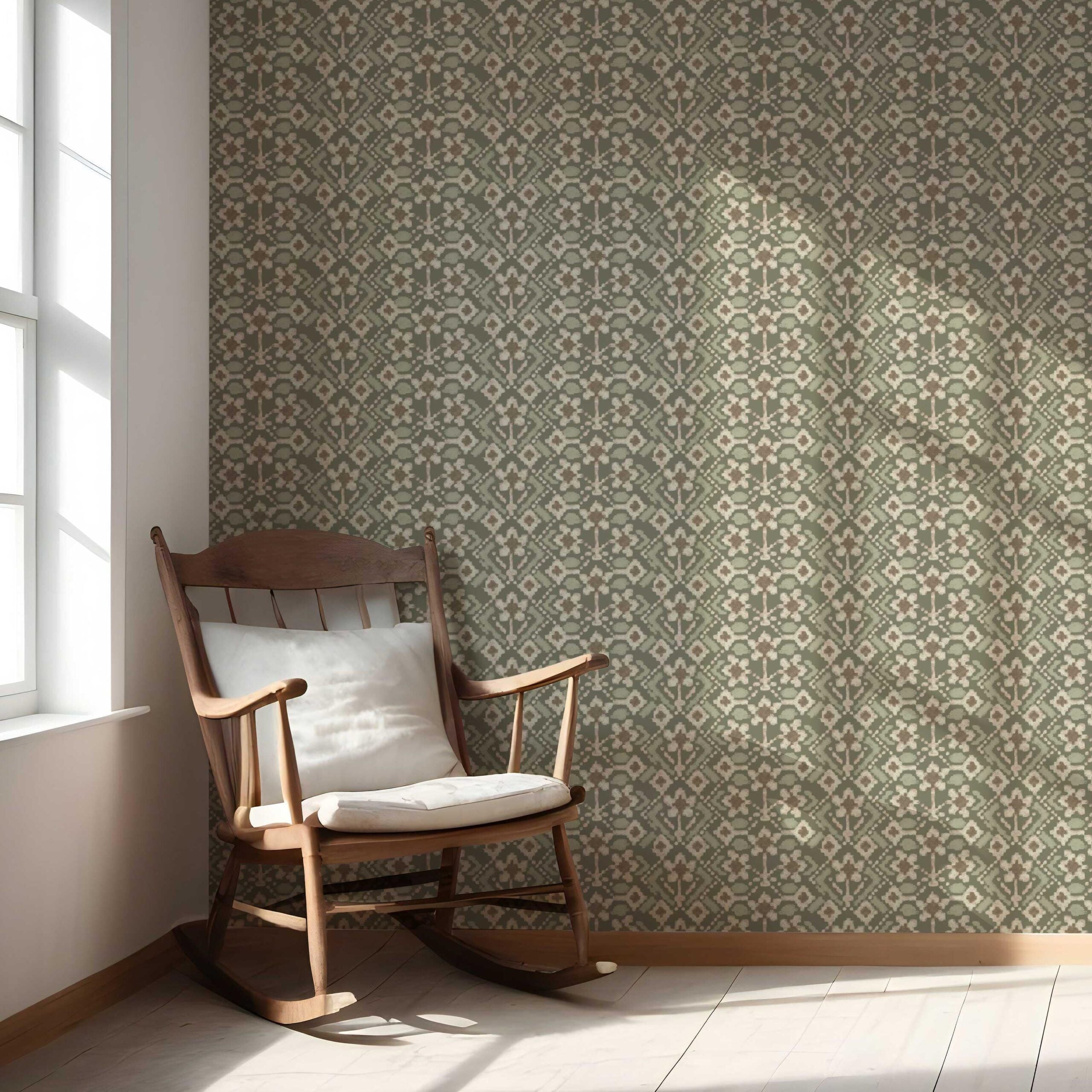 Modern Botanical Floral Nursery Wallpaper Sample (Olive Green/ Beige)