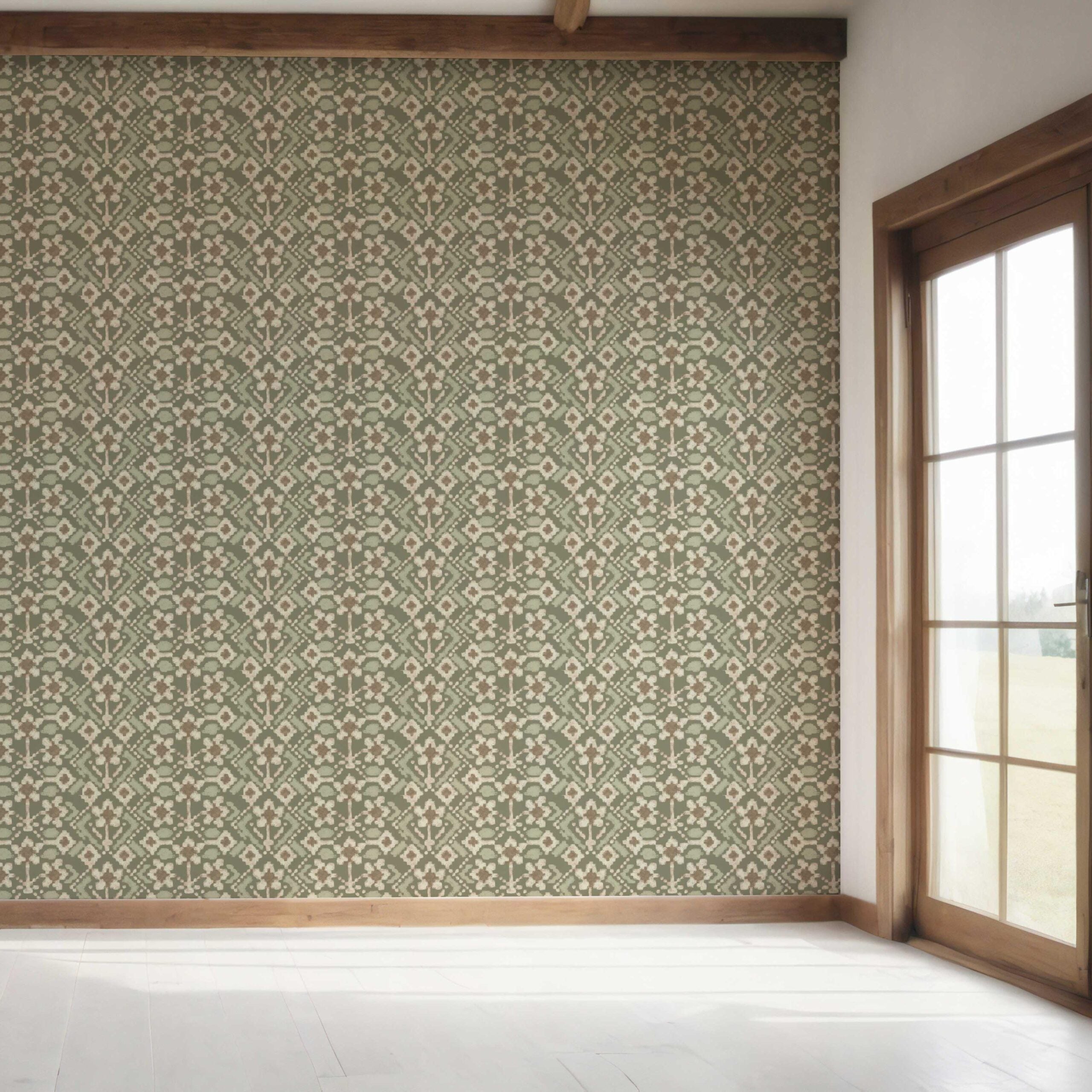 Modern Botanical Floral Bedroom Wallpaper (Olive Green/ Beige)