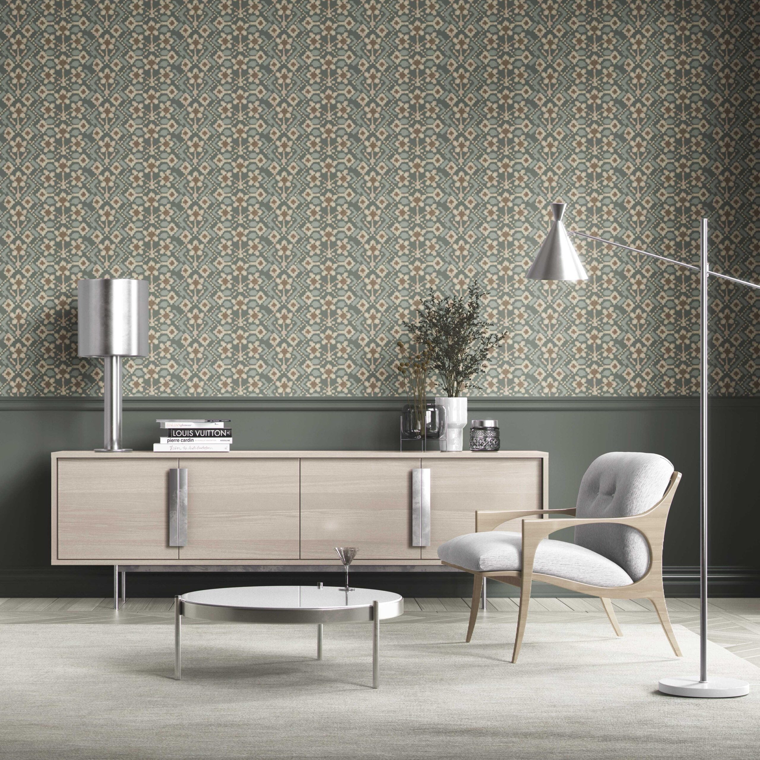 Modern Botanical Floral Kitchen Wallpaper Sample (Forest Green / Beige)