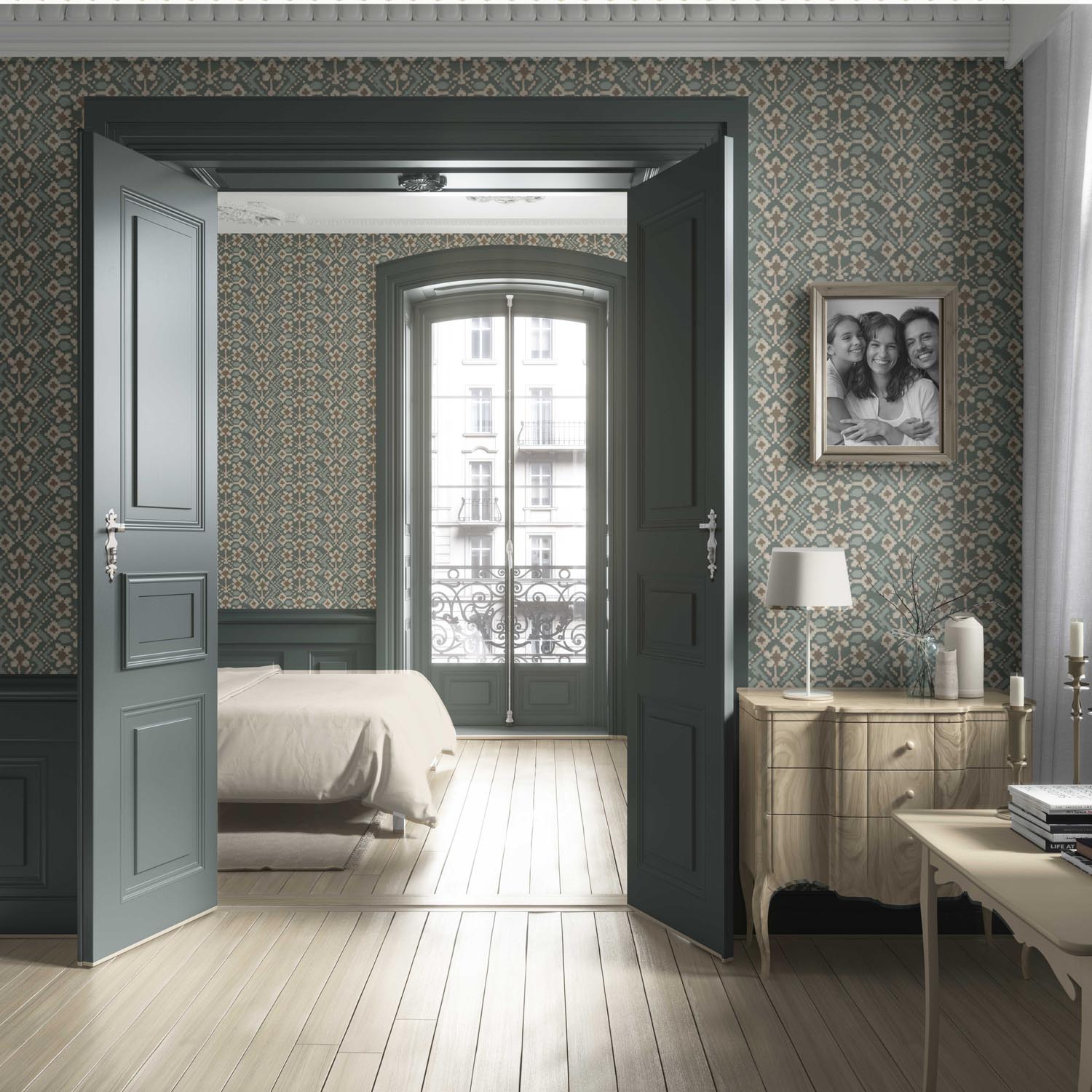 Modern Botanical Floral Living Room Wallpaper Sample (Forest Green / Beige)