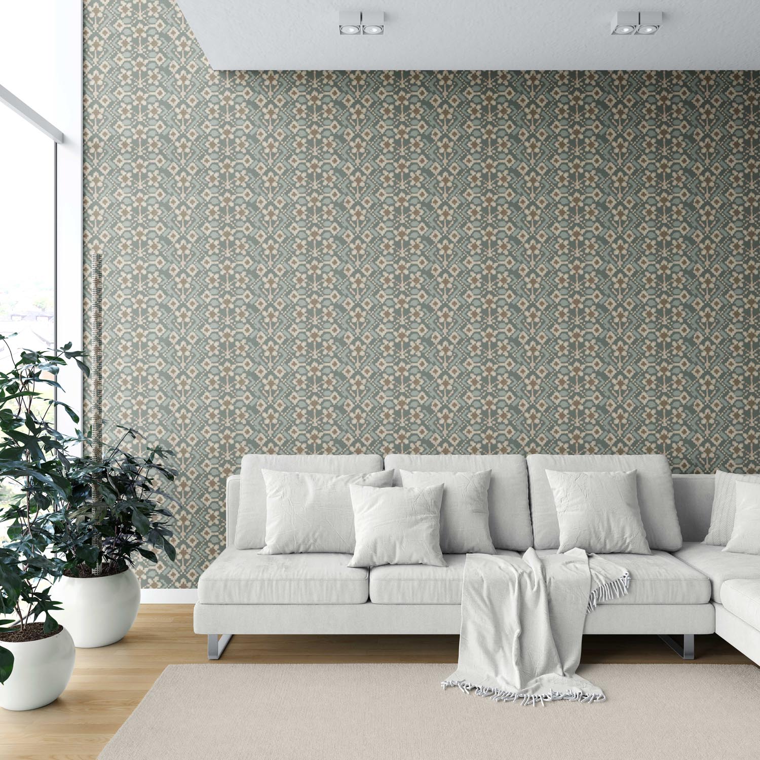 Modern Botanical Floral Shower Toilet Wallpaper Sample (Forest Green / Beige)