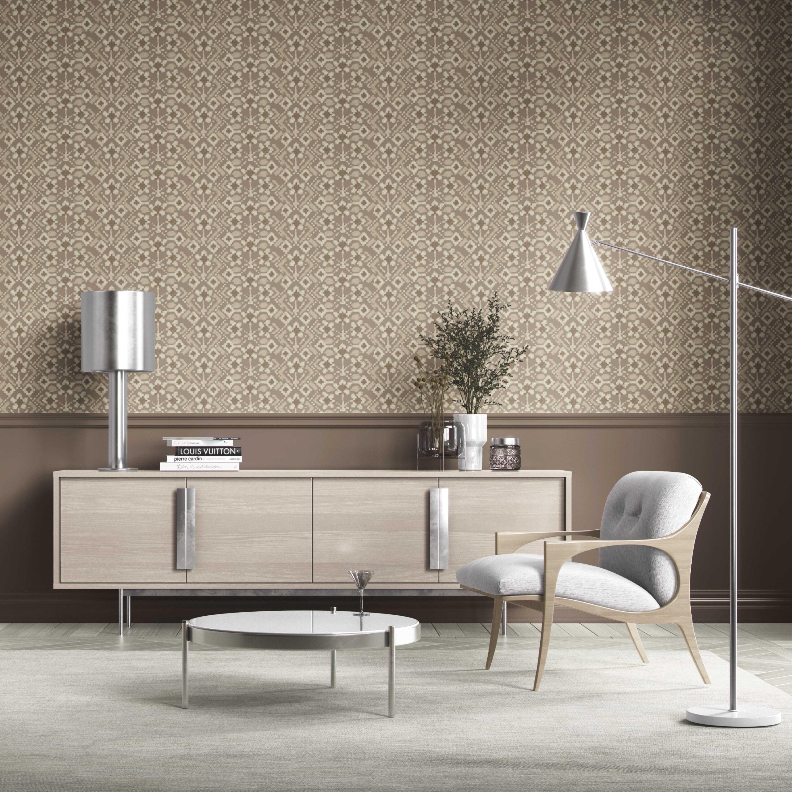 Modern Neutral-Toned Botanical Floral Kitchen Wallpaper Sample (Brown/ Beige/ Cream/ Taupe )