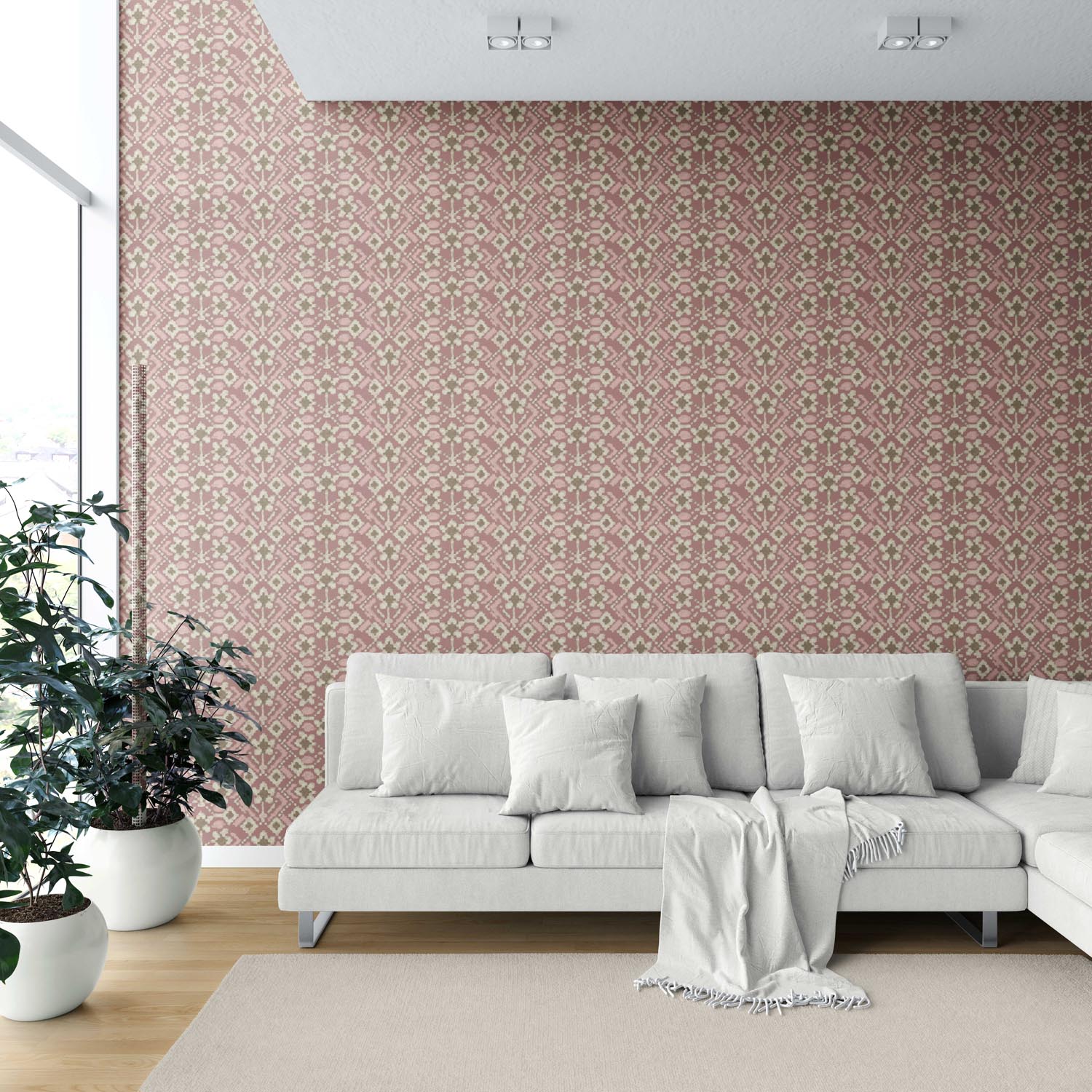 Modern Botanical Floral Shower Toilet Wallpaper Sample (Peach/ Dusky Pink/ Beige)