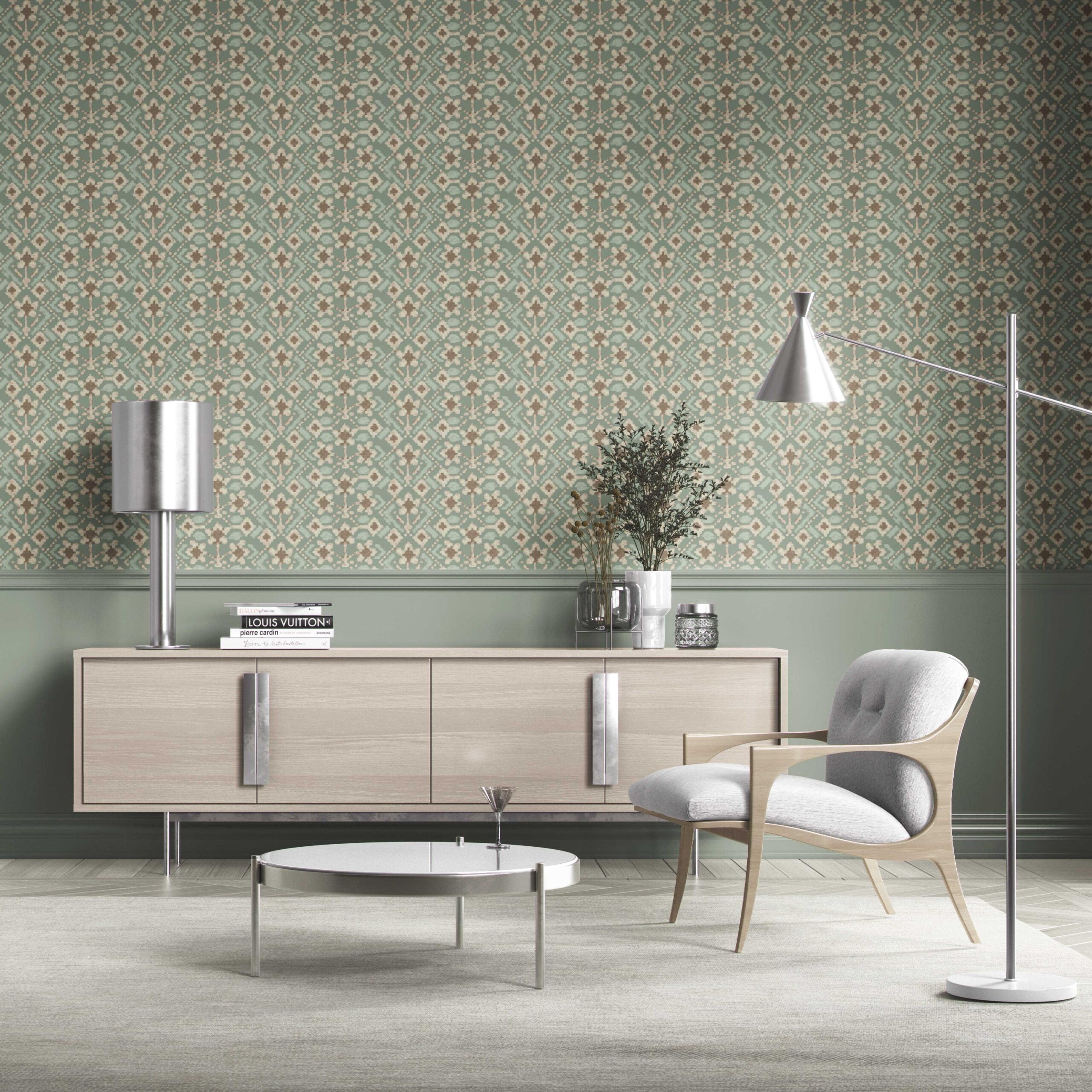 Modern Botanical Floral Kitchen Wallpaper Sample (Sage Green/ Beige)