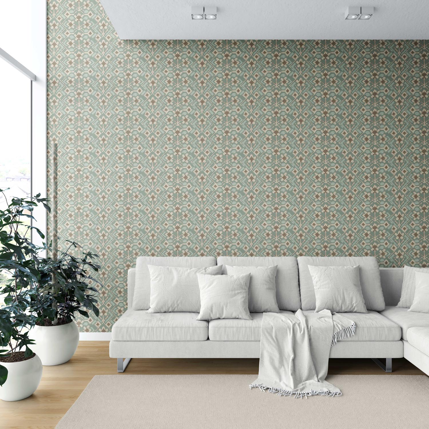 Modern Botanical Floral Shower Toilet Wallpaper Sample (Sage Green/ Beige)