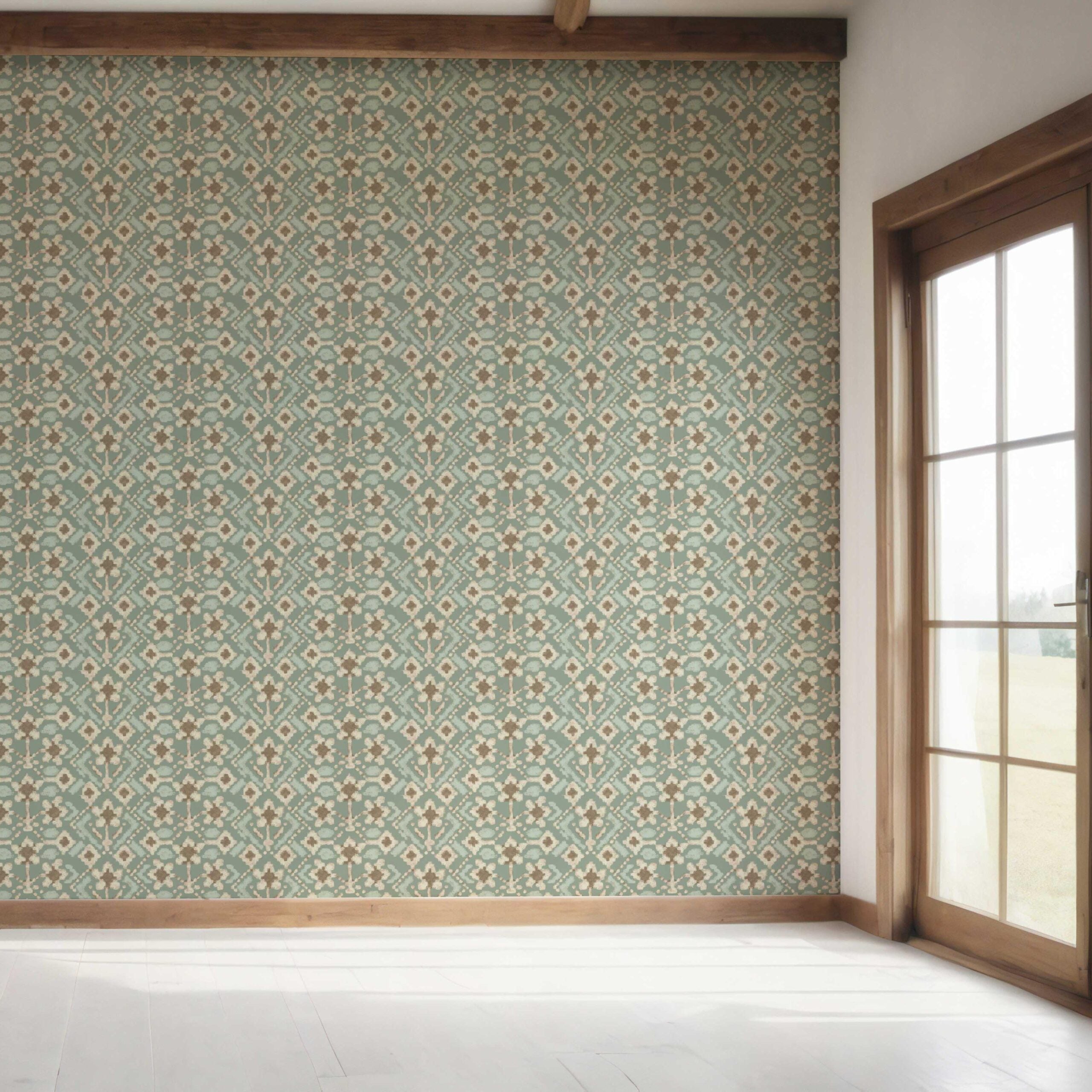 Modern Botanical Floral Bedroom Wallpaper Sample (Sage Green/ Beige)