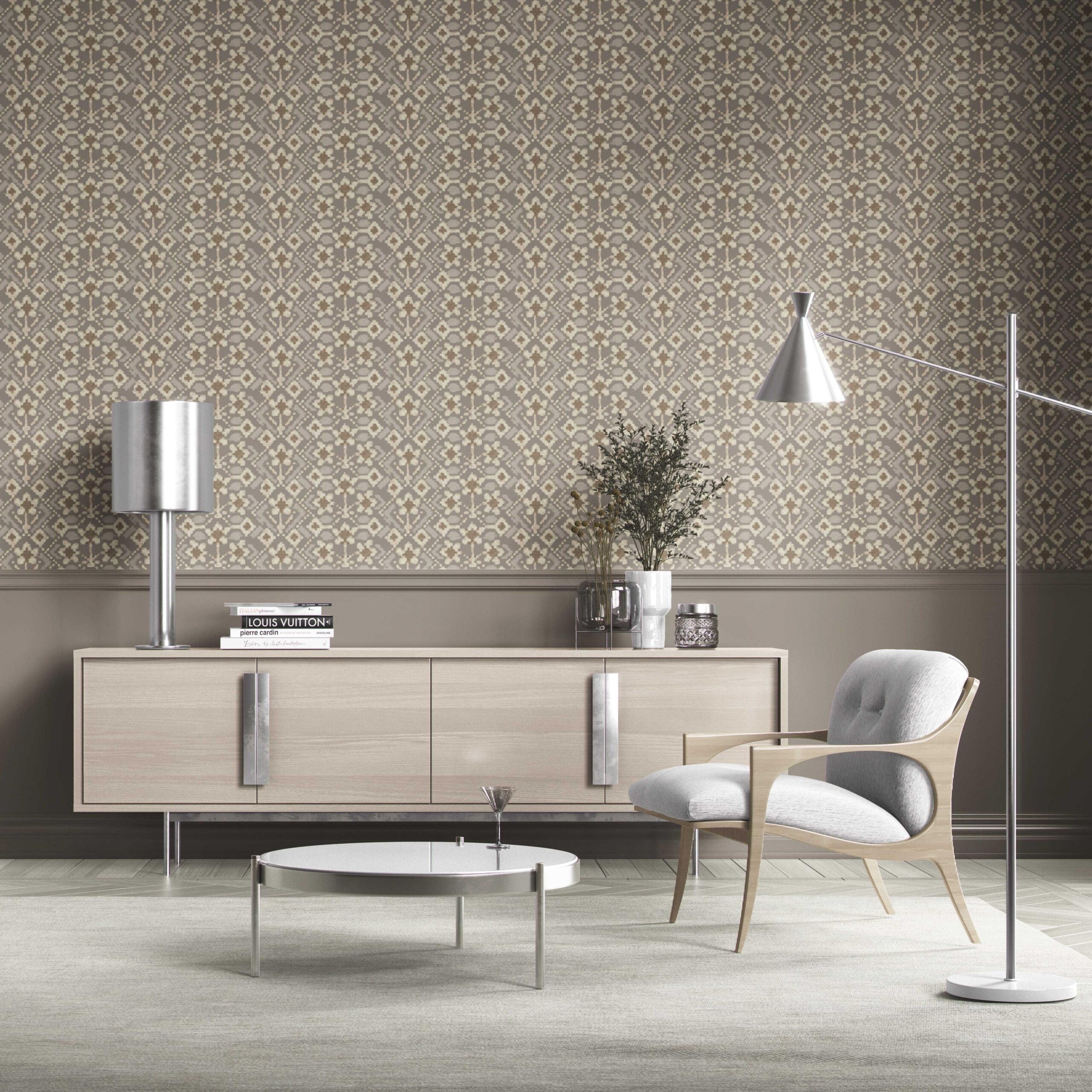 Modern Neutral-Toned Botanical Floral Kitchen Wallpaper Sample (Brown/ Taupe/ Beige)