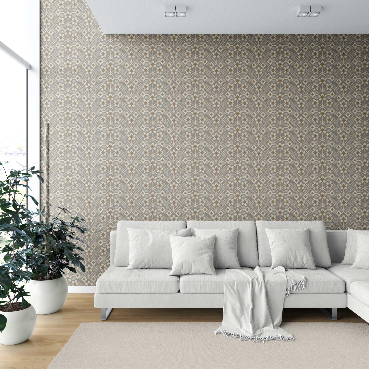 Modern Neutral-Toned Botanical Floral Shower Toilet Wallpaper Sample (Brown/ Taupe/ Beige)