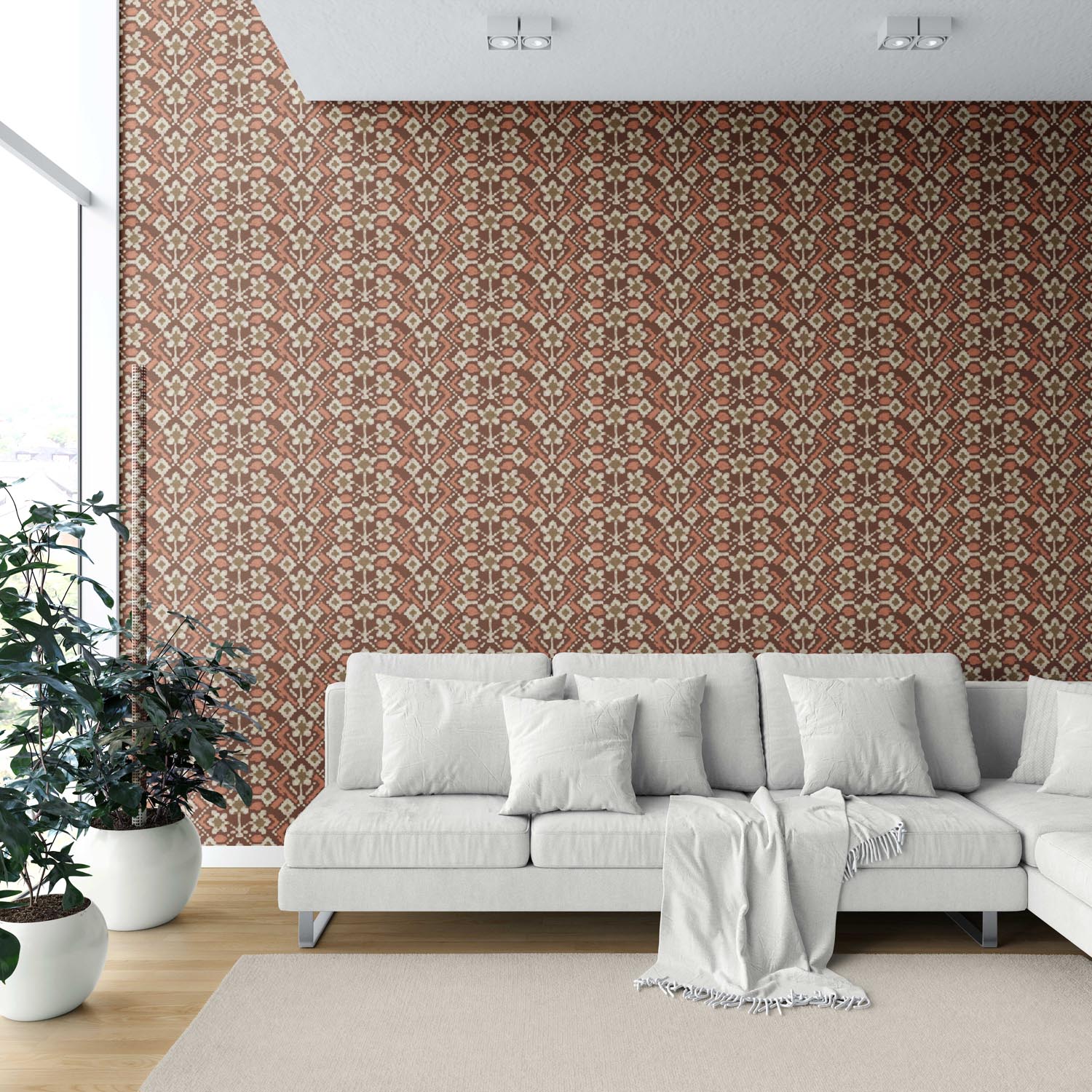 Modern Botanical Floral Shower Toilet Wallpaper (Brown/ Orange/ Beige)