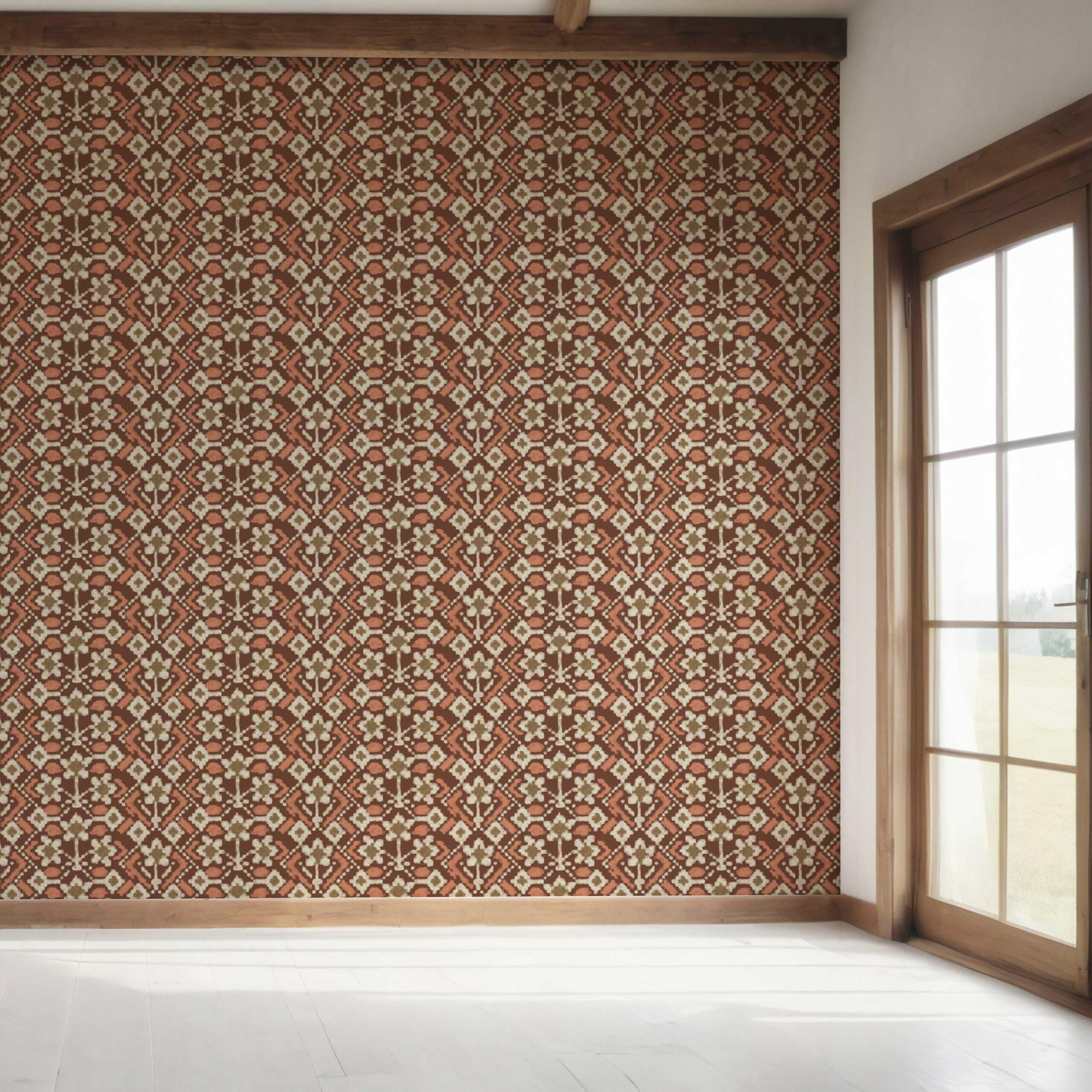 Modern Botanical Floral Bedroom Wallpaper Sample (Brown/ Orange/ Beige)