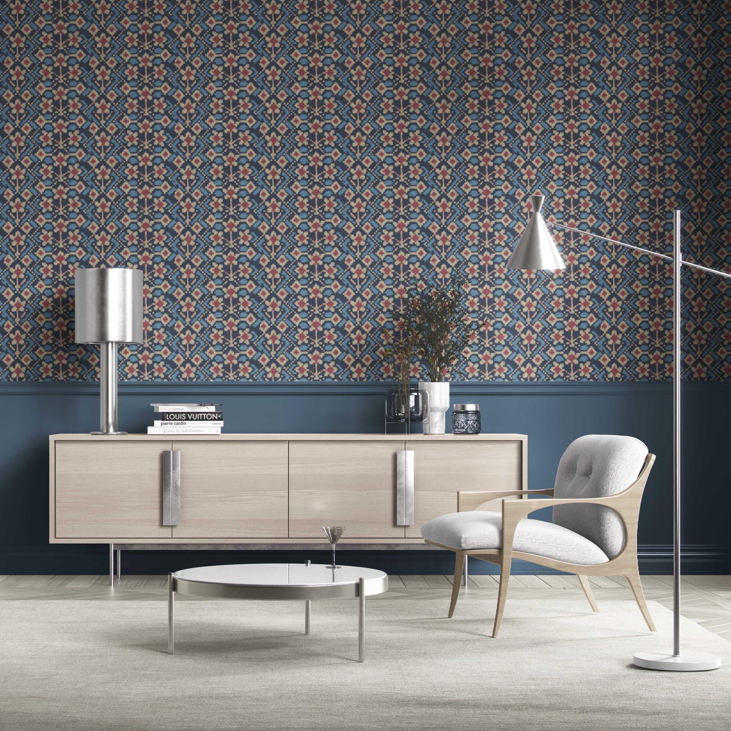 Modern Botanical Floral Kitchen Wallpaper Sample (Navy Blue/ Pink/ Beige)