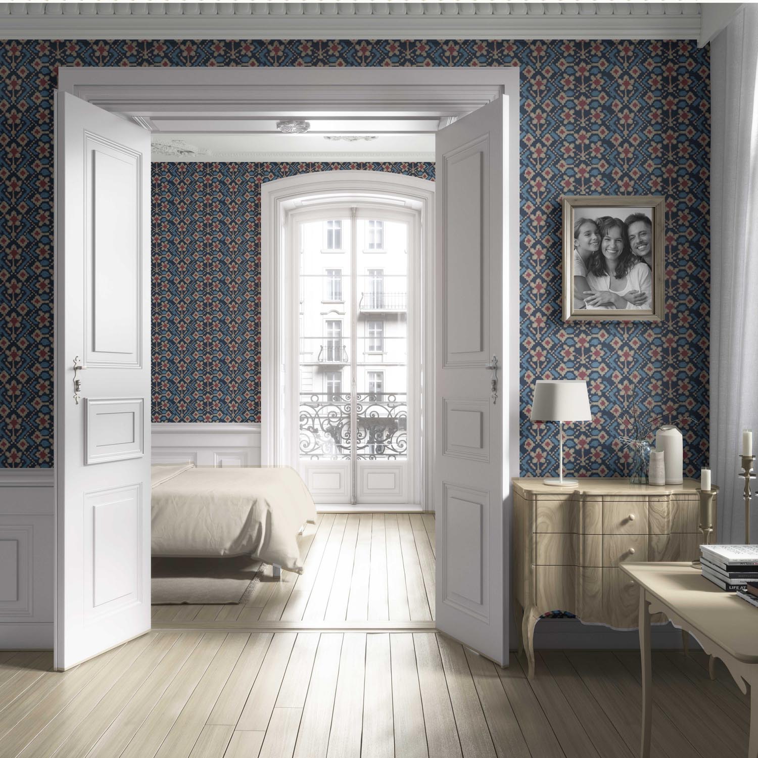 Modern Botanical Floral Living Room Wallpaper Sample (Navy Blue/ Pink/ Beige)