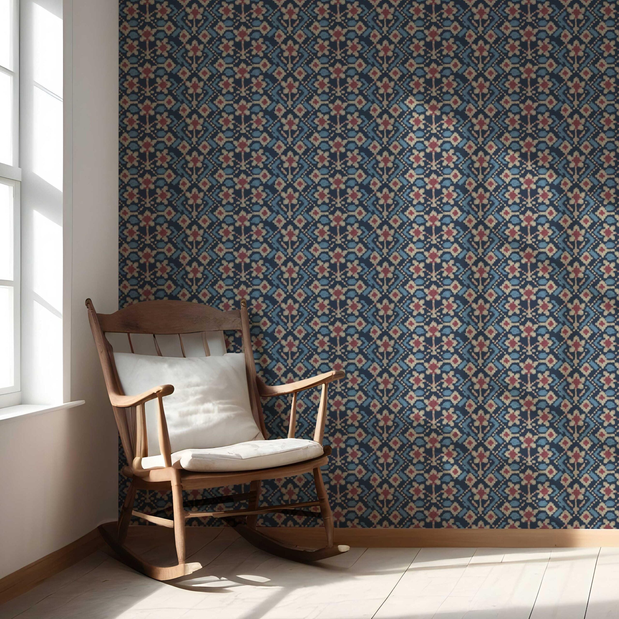 Modern Botanical Floral Nursery Wallpaper Sample (Navy Blue/ Pink/ Beige)