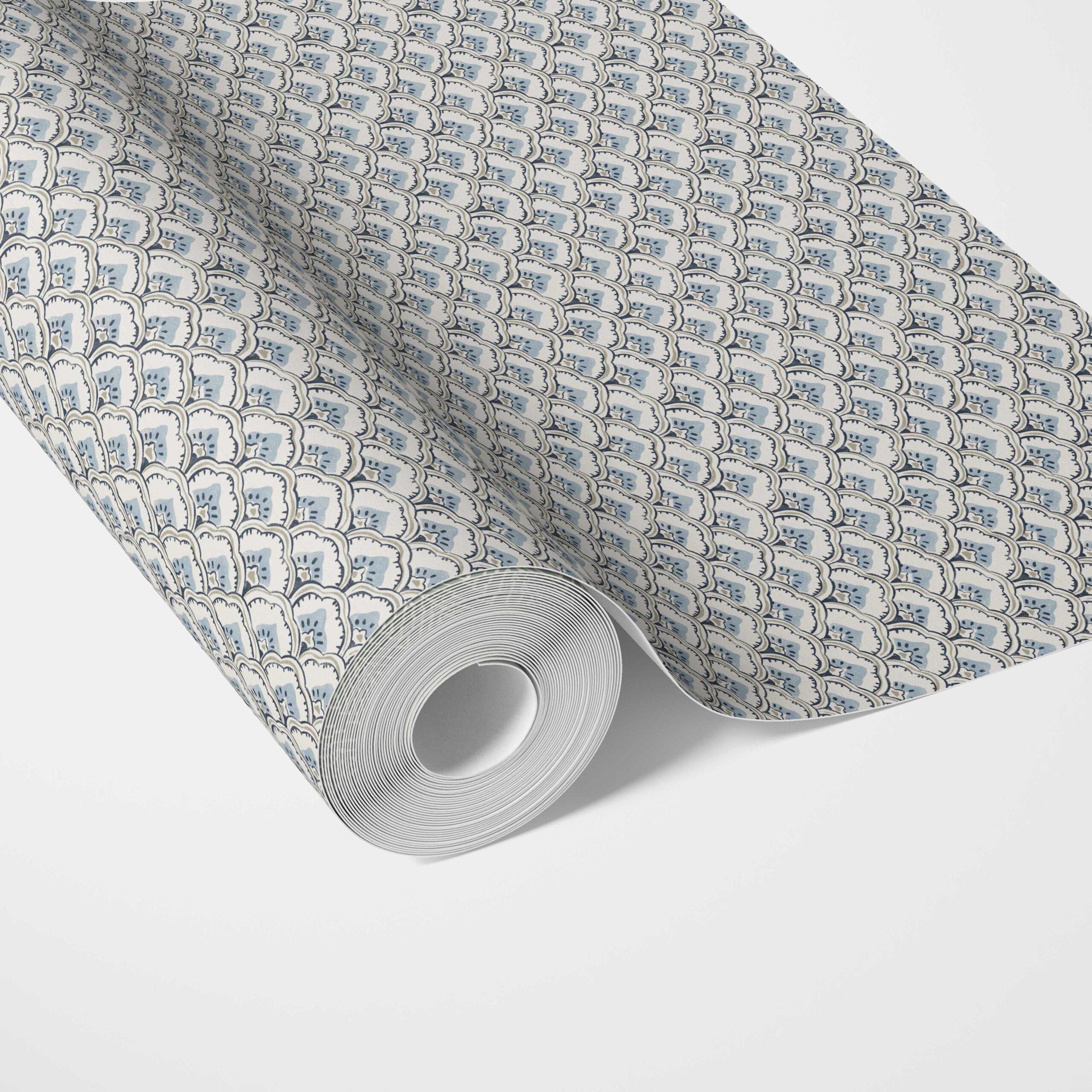 Small-Scale Floral Lattice Traditional Wallpaper Sample (Blue/ Gray/ White)