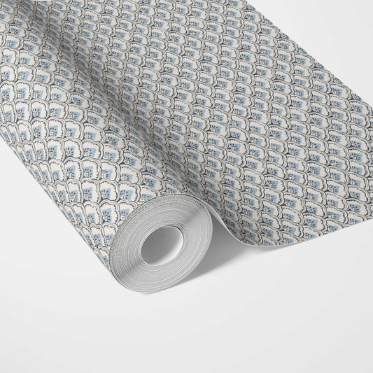 Small-Scale Floral Lattice Traditional Wallpaper (Blue/ Gray/ White)
