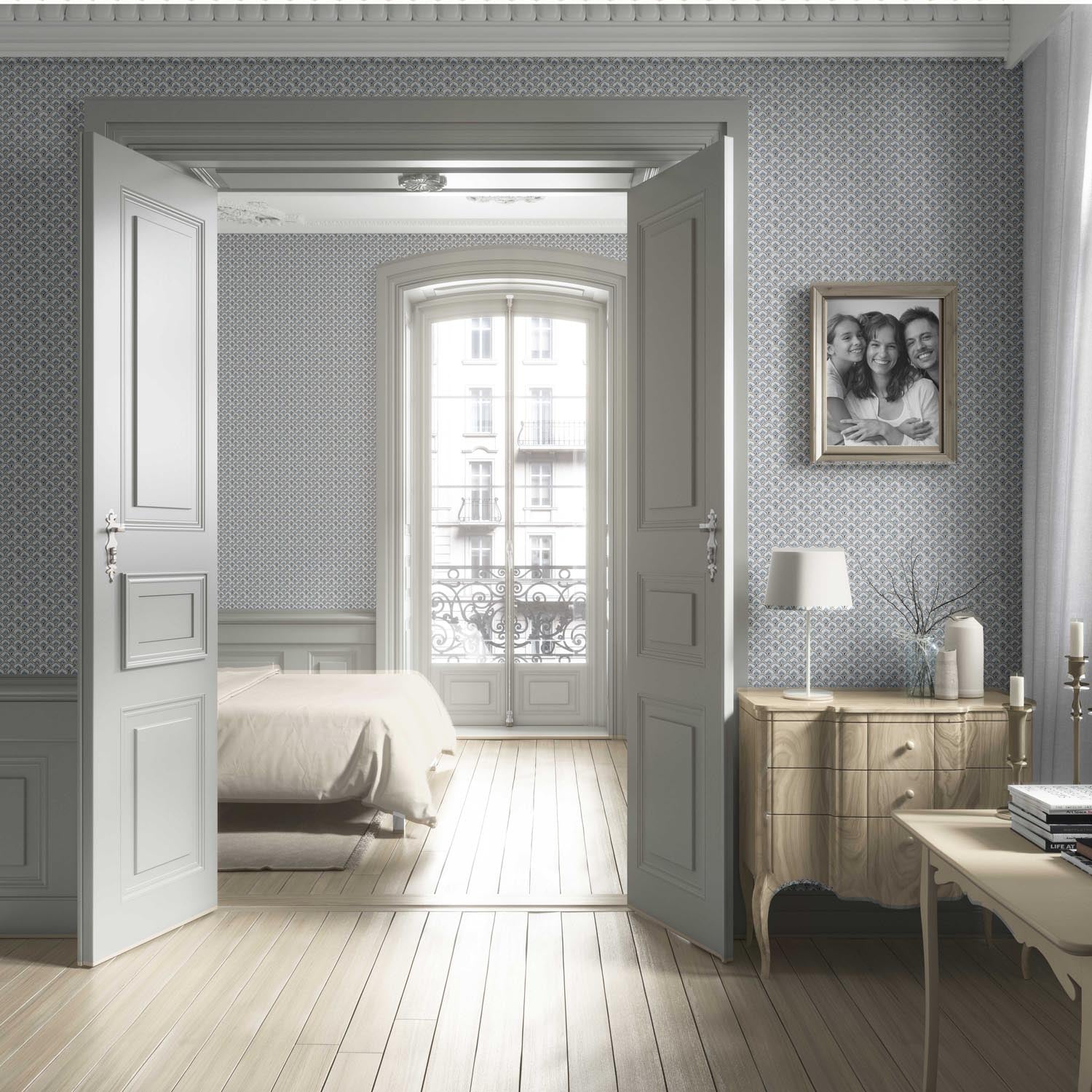 Small-Scale Floral Lattice Living Room Wallpaper Sample (Blue/ Gray/ White)