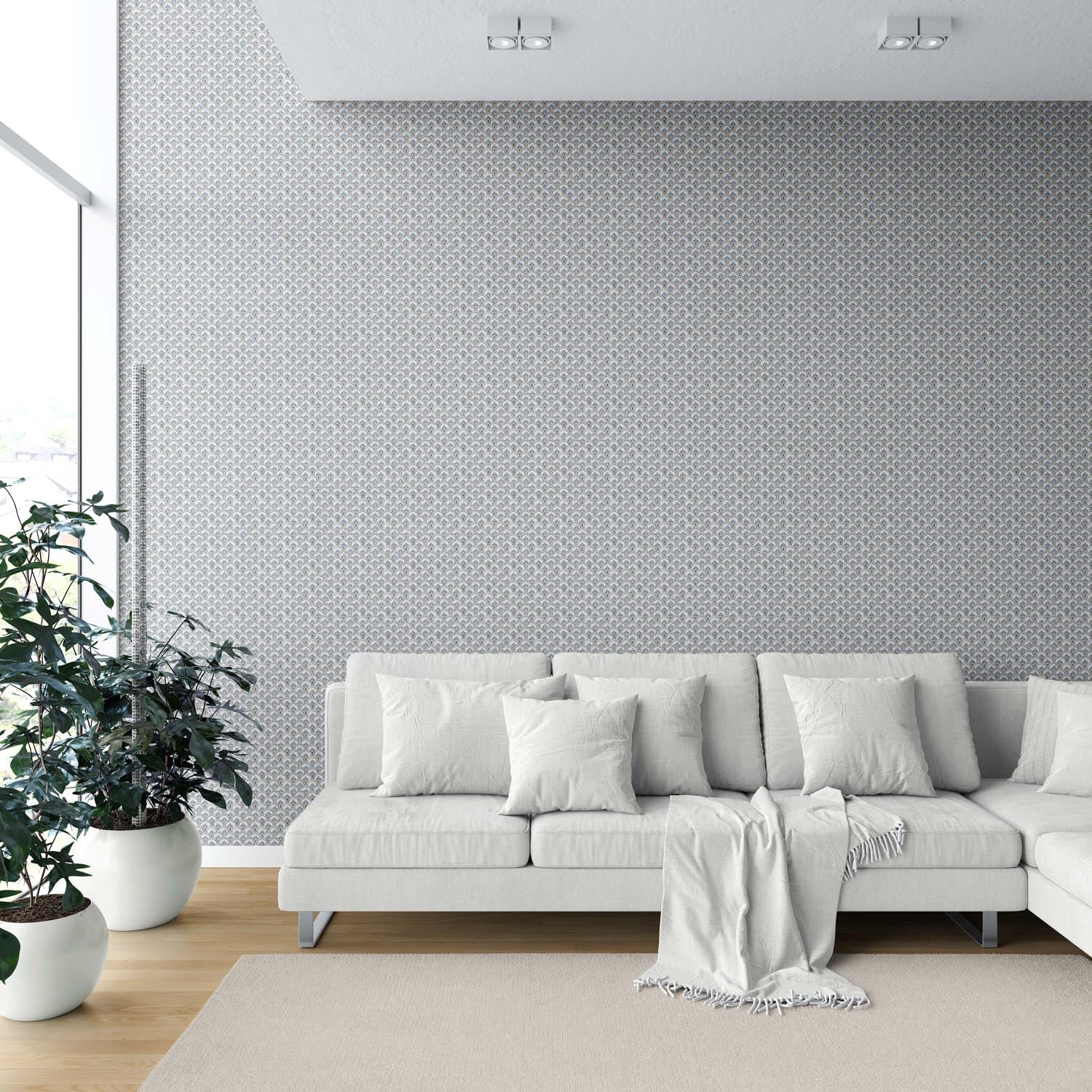 Small-Scale Floral Lattice Shower Toilet Wallpaper Sample (Blue/ Gray/ White)