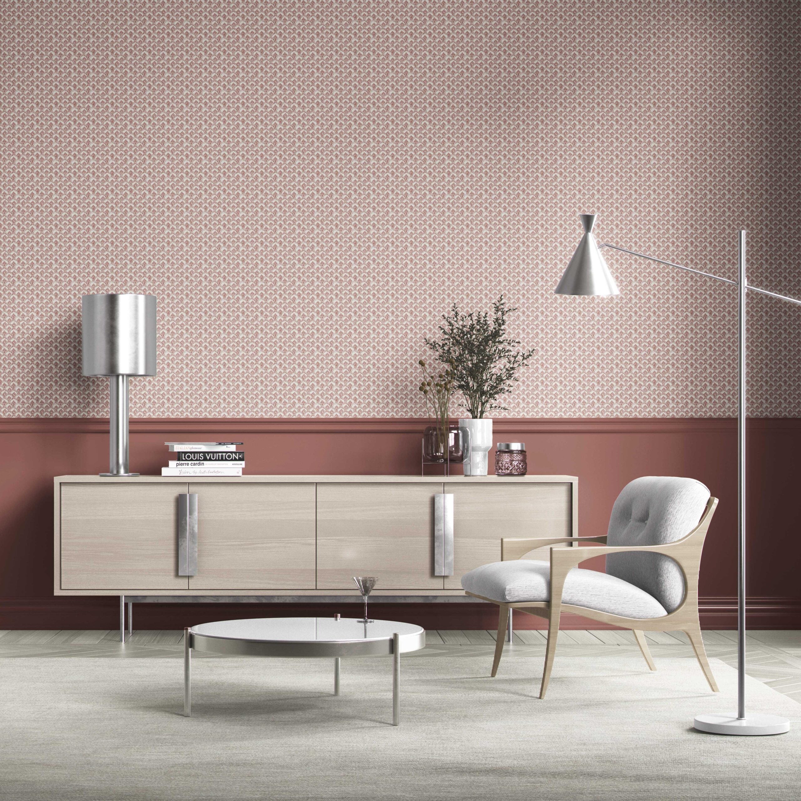 Small-Scale Floral Lattice Bathroom Wallpaper (Red/ Pink/ White)