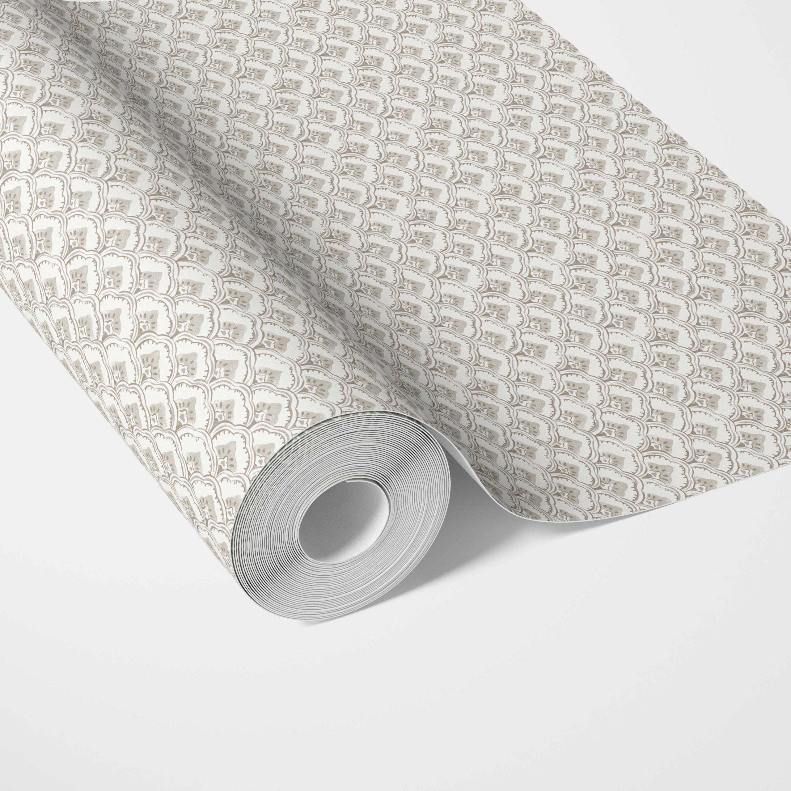 Small-Scale Floral Lattice Traditional Wallpaper Sample (Warm Gray/ Beige/ Taupe/ White)