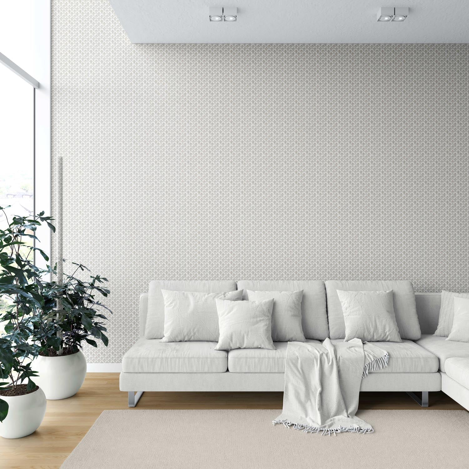 Small-Scale Floral Lattice Shower Toilet Wallpaper Sample (Warm Gray/ Beige/ Taupe/ White)