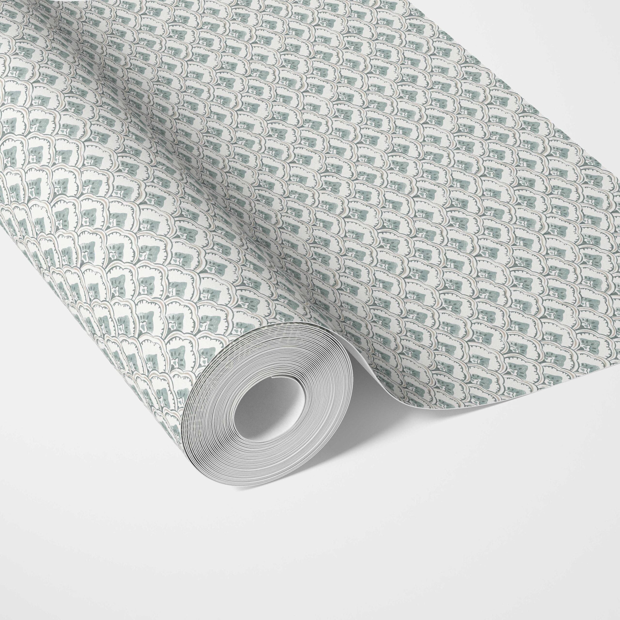 Small-Scale Floral Lattice Traditional Wallpaper Sample (Blue-Green/ White)