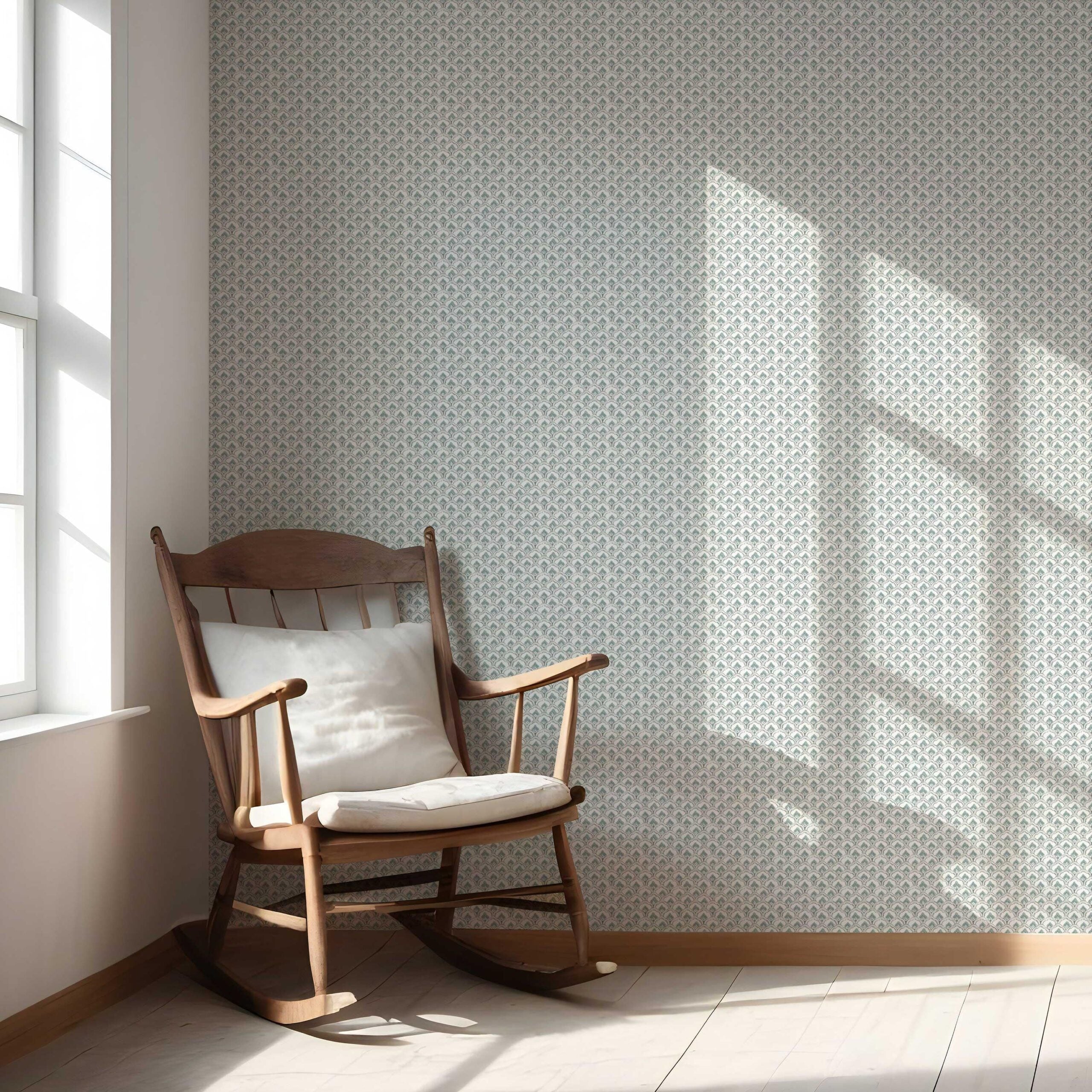 Small-Scale Floral Lattice Nursery Wallpaper (Blue-Green/ White)