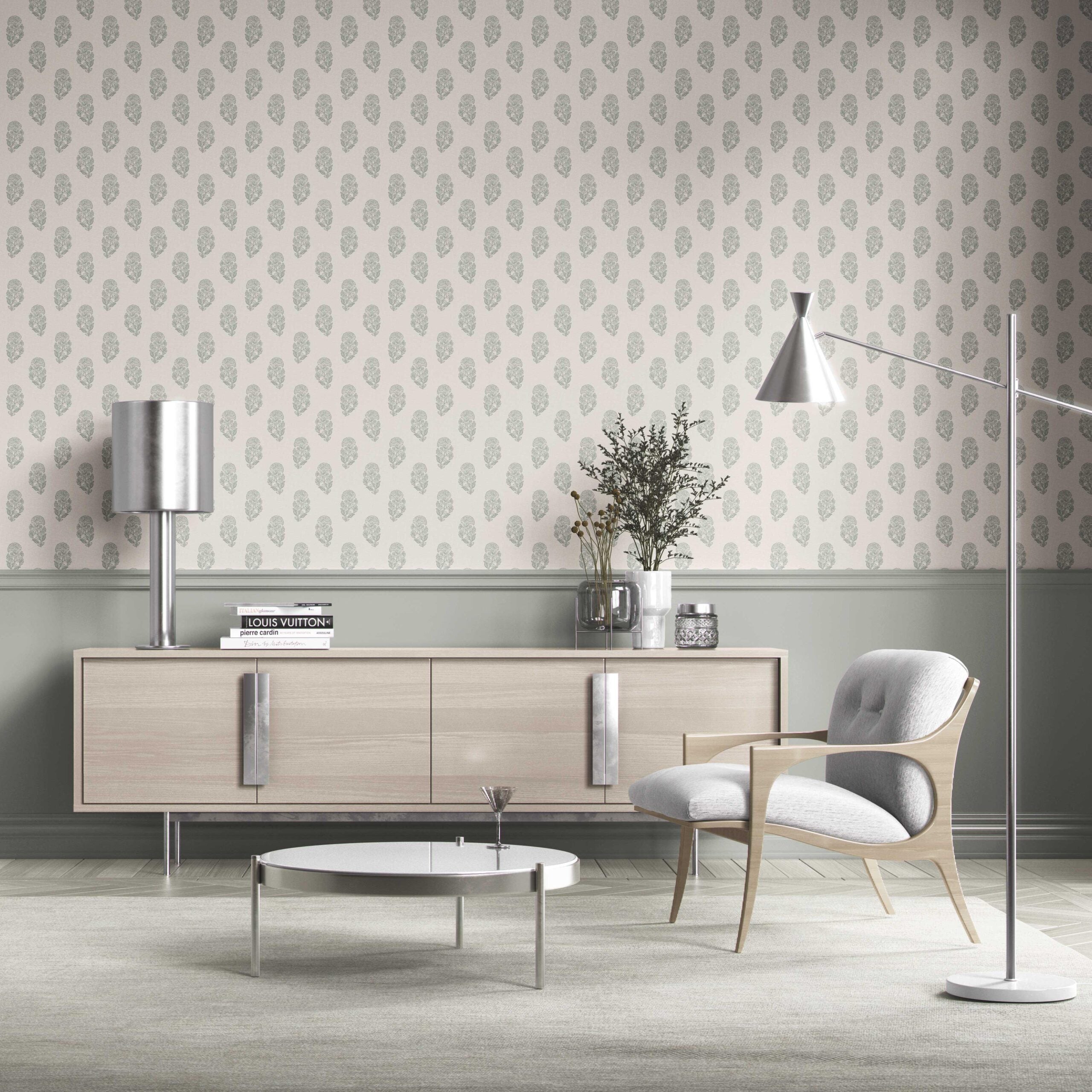 Neutral Botanical/ Floral Block Print Kitchen Wallpaper Sample (Green-Gray/ Cream)