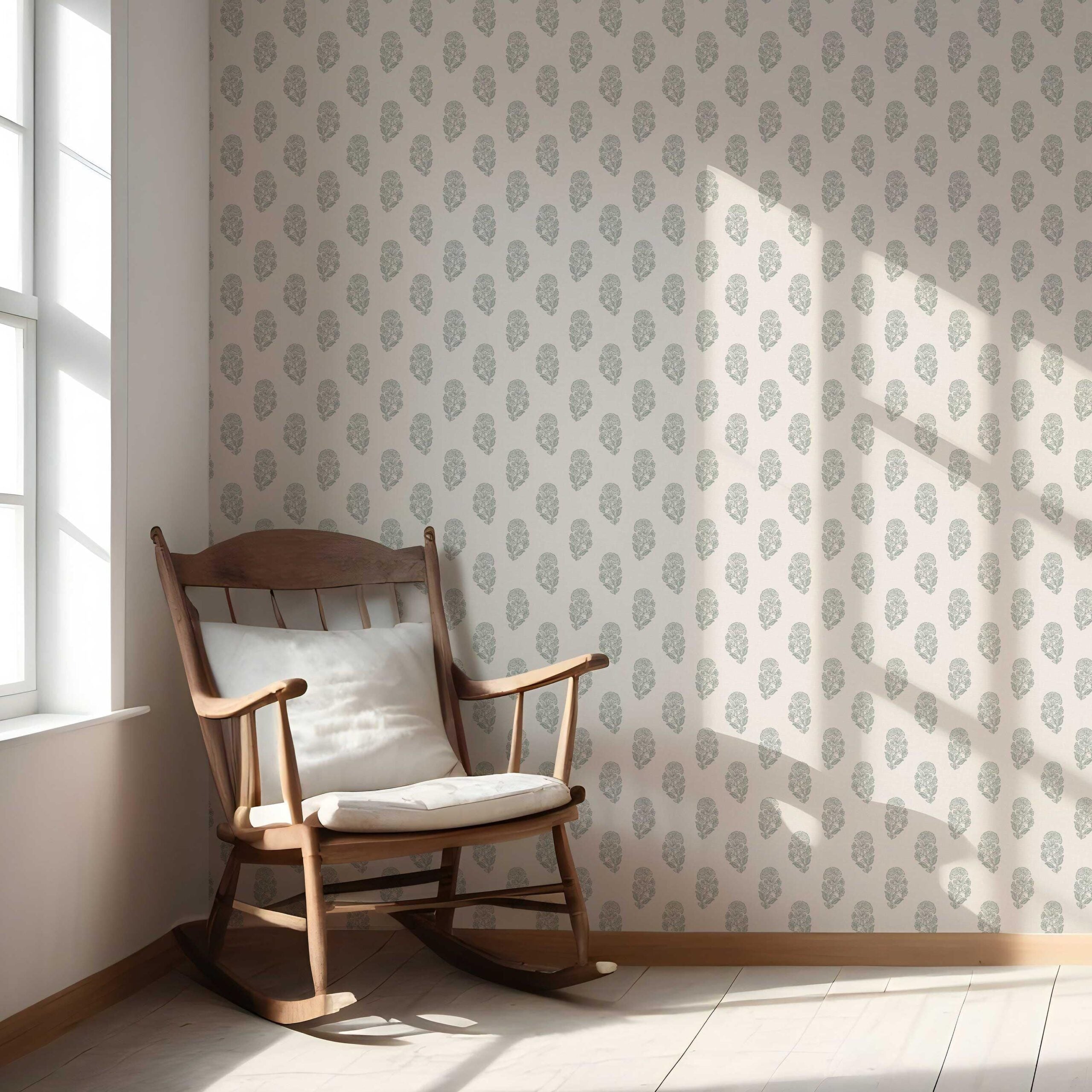 Neutral Botanical/ Floral Block Print Nursery Wallpaper Sample (Green-Gray/ Cream)