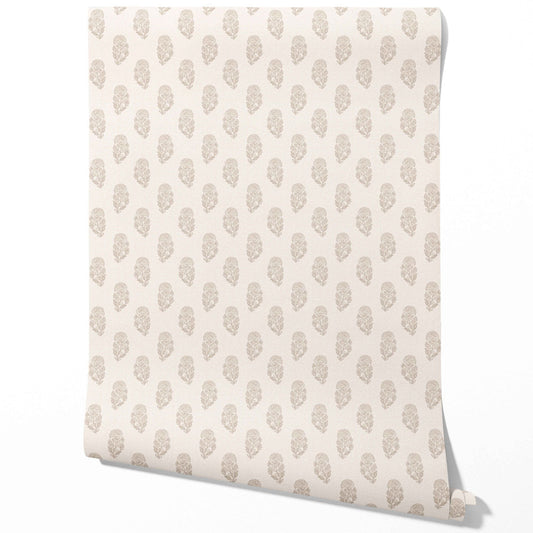 Neutral Botanical/ Floral Block Print Traditional Wallpaper (Beige/ Greige/ Cream)