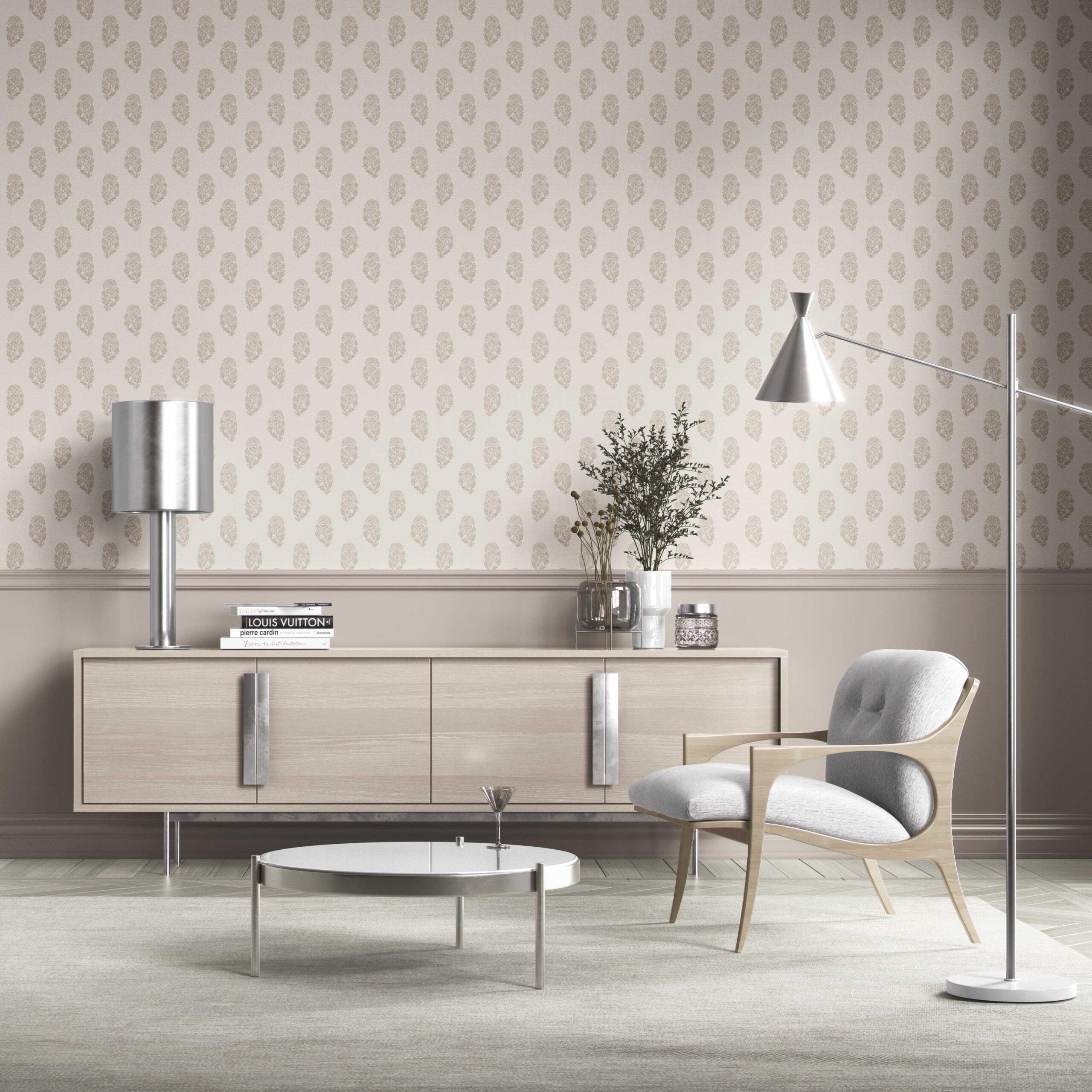 Neutral Botanical/ Floral Block Print Kitchen Wallpaper Sample (Beige/ Greige/ Cream)