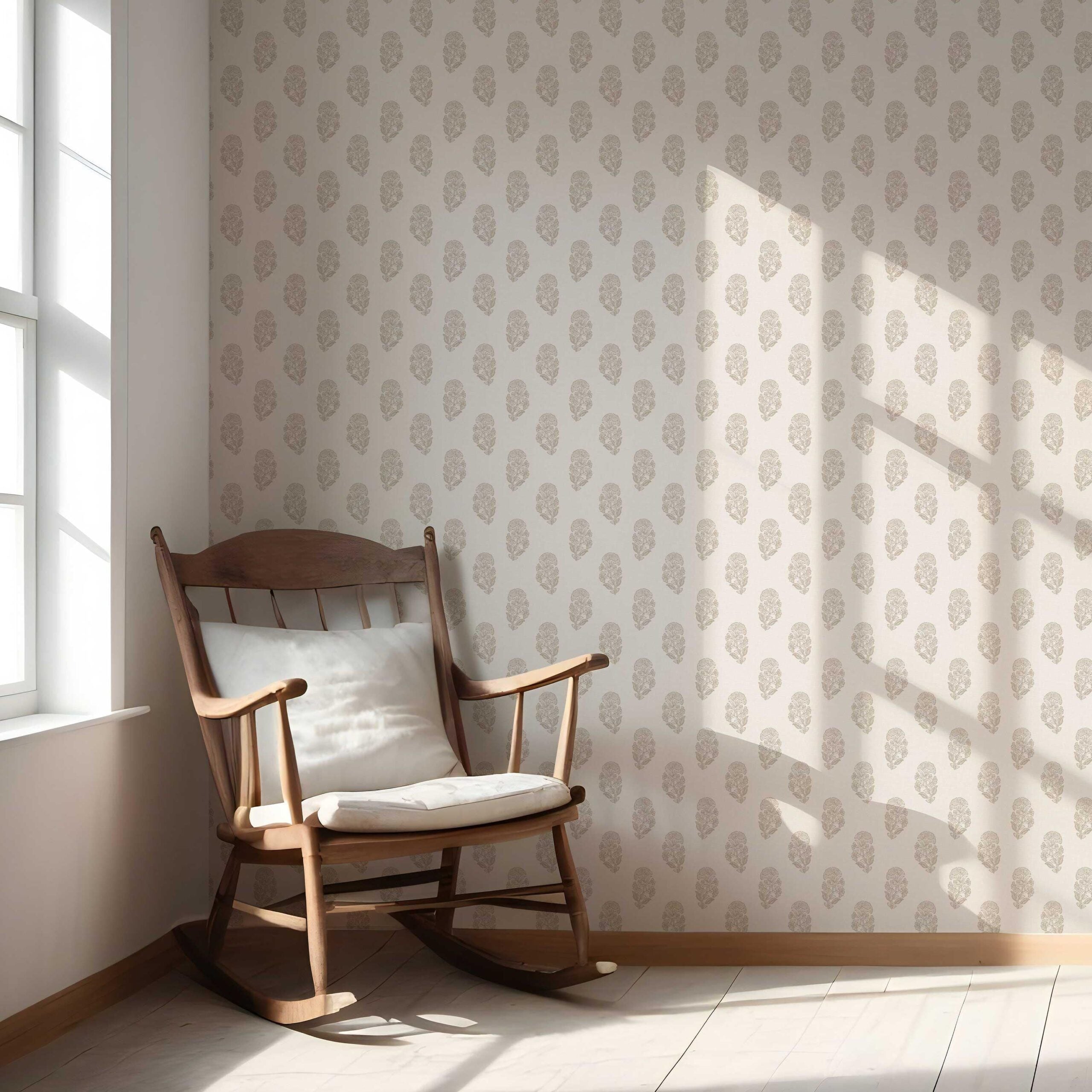 Neutral Botanical/ Floral Block Print Nursery Wallpaper Sample (Beige/ Greige/ Cream)