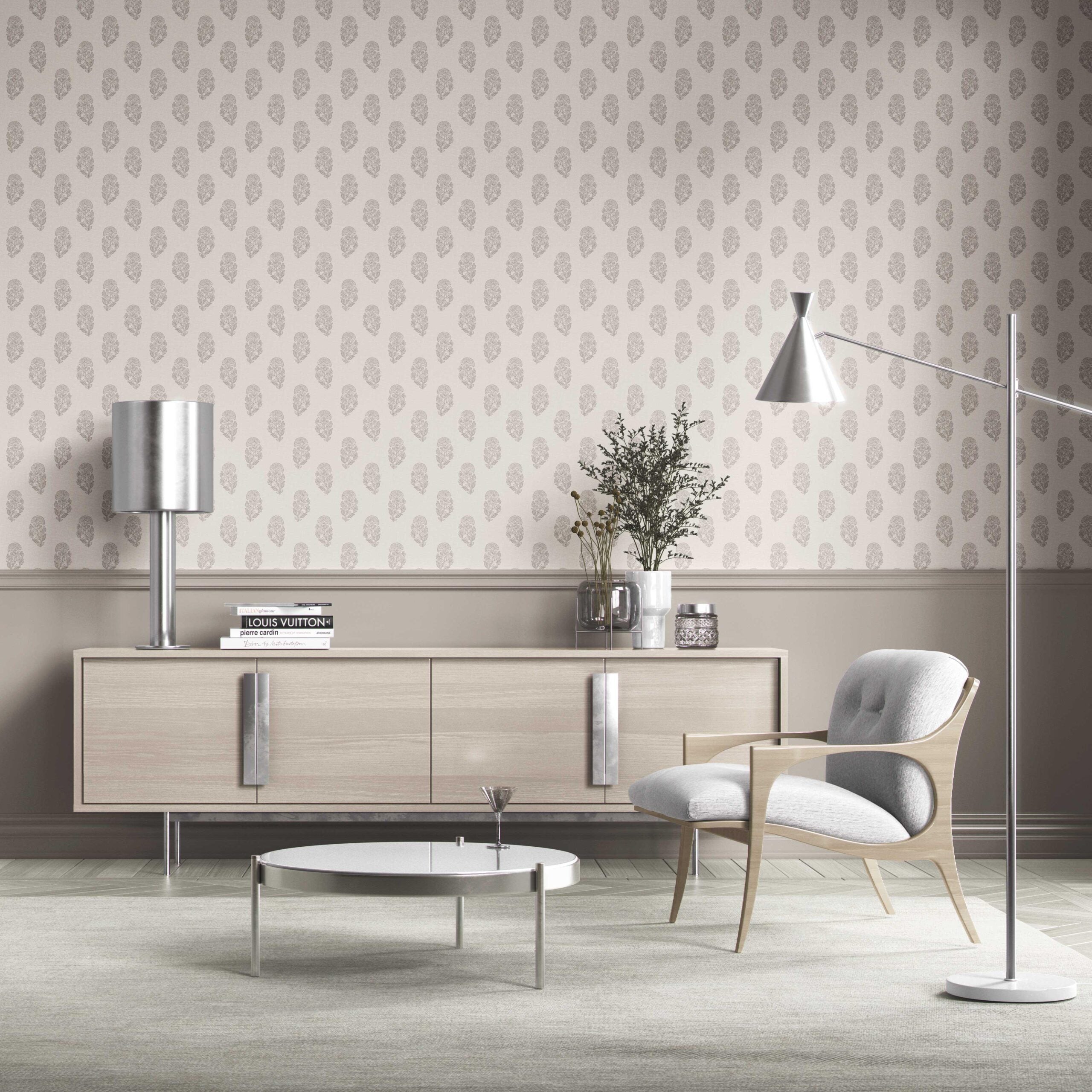 Neutral Botanical/ Floral Block Print Kitchen Wallpaper (Gray/ Soft Taupe/ Cream)