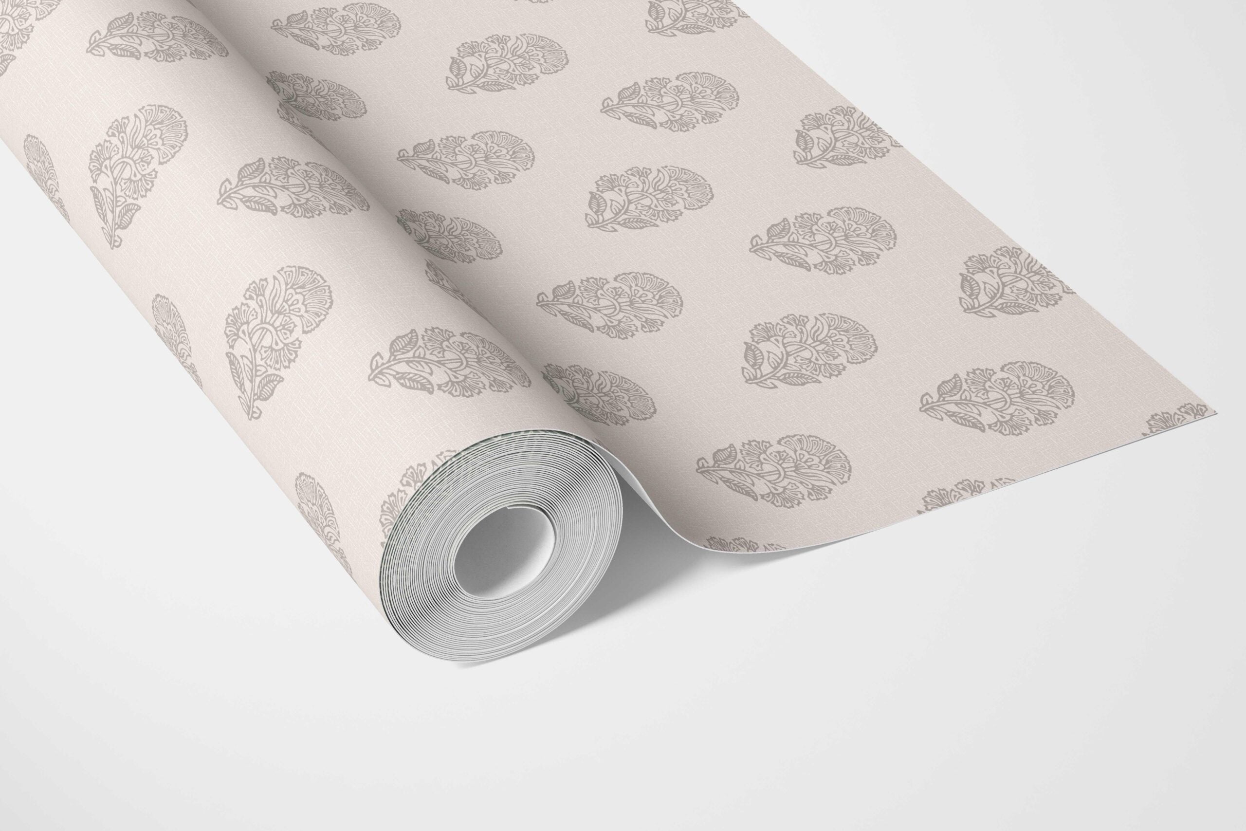 Neutral Botanical/ Floral Block Print Bathroom Wallpaper (Gray/ Soft Taupe/ Cream)
