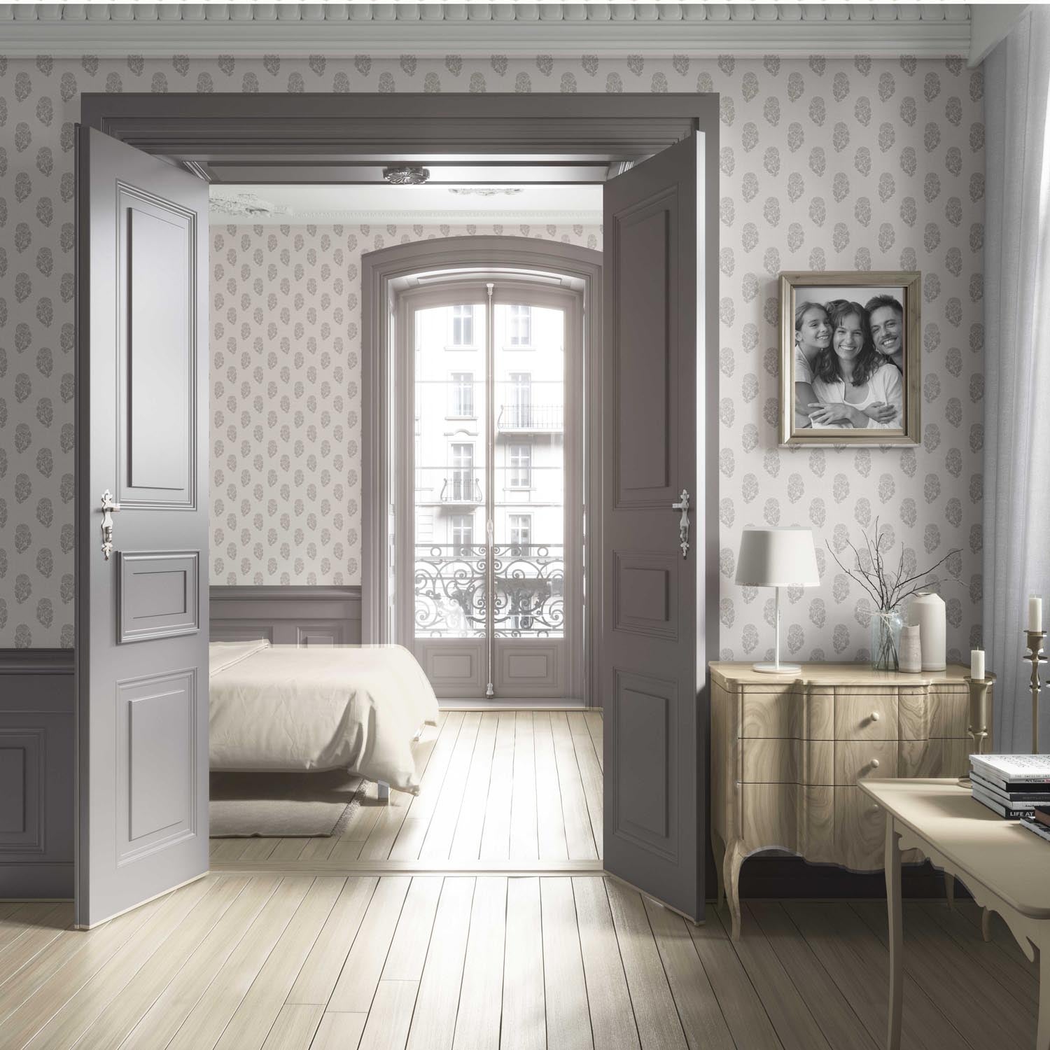 Neutral Botanical/ Floral Block Print Living Room Wallpaper Sample (Gray/ Soft Taupe/ Cream)