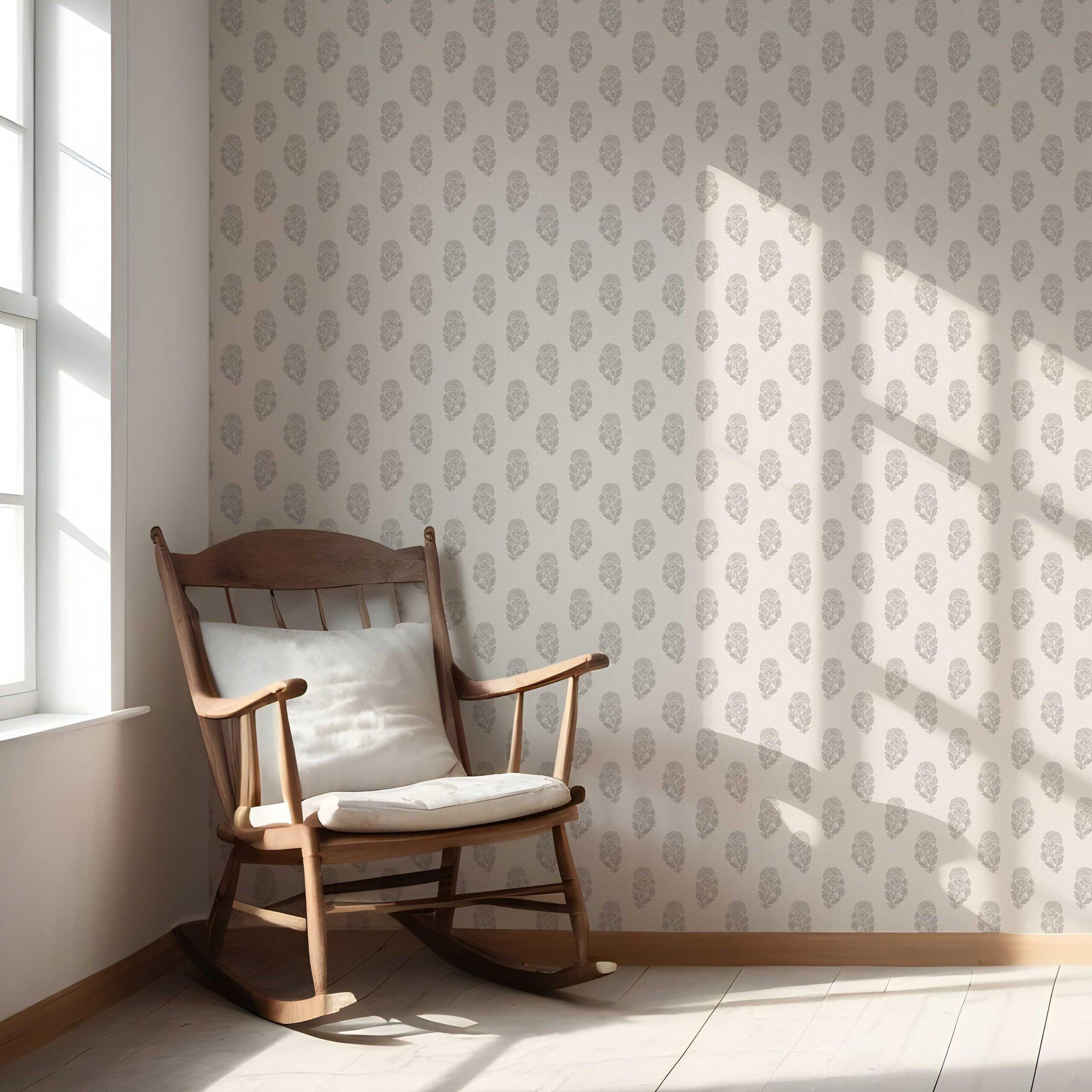 Neutral Botanical/ Floral Block Print Nursery Wallpaper (Gray/ Soft Taupe/ Cream)
