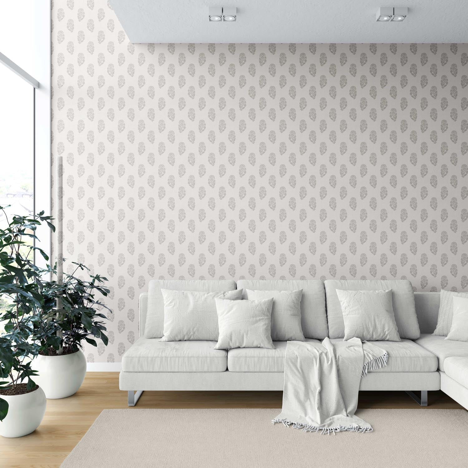 Neutral Botanical/ Floral Block Print Shower Toilet Wallpaper Sample (Gray/ Soft Taupe/ Cream)