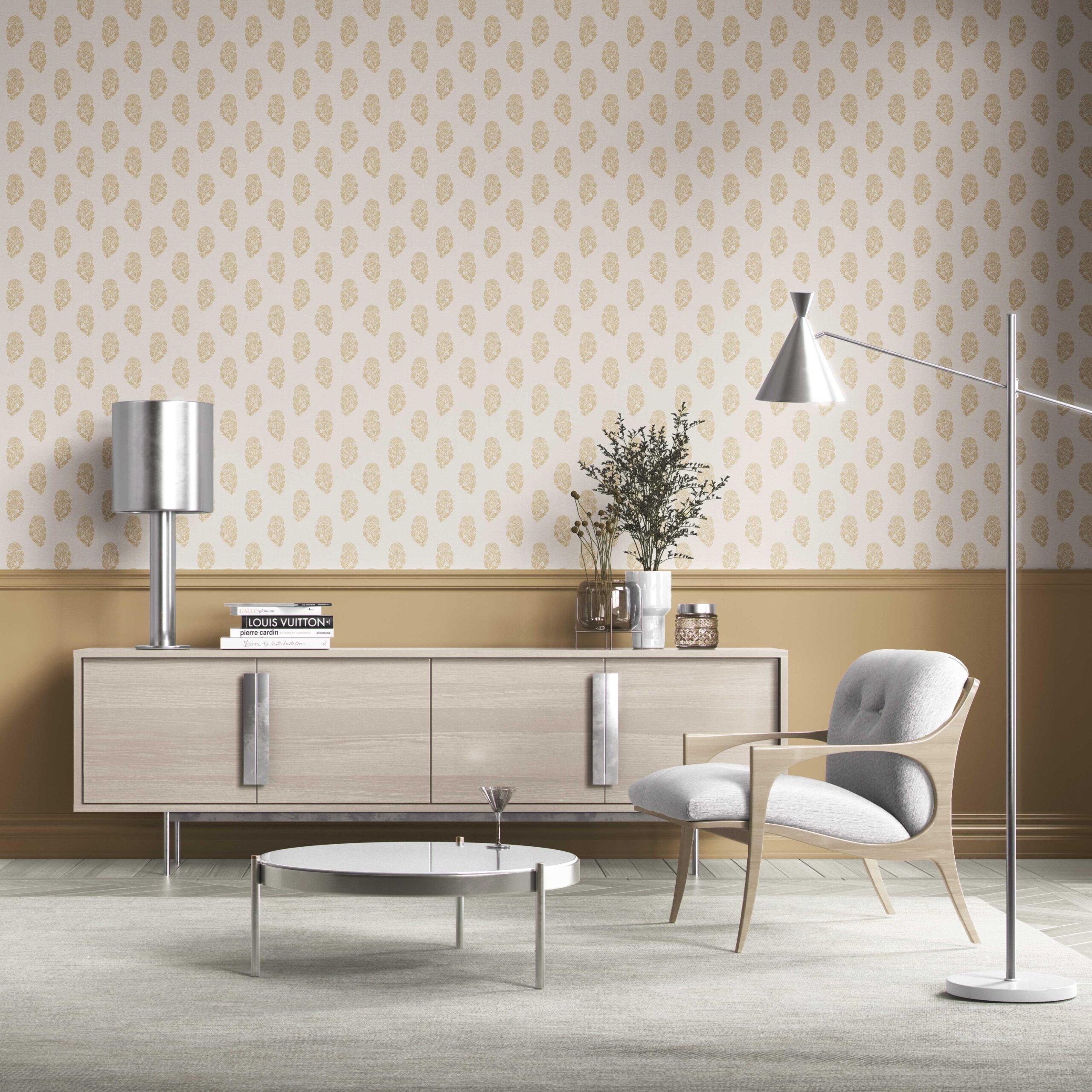 Botanical/ Floral Block Print Kitchen Wallpaper Sample (Yellow/ Cream)