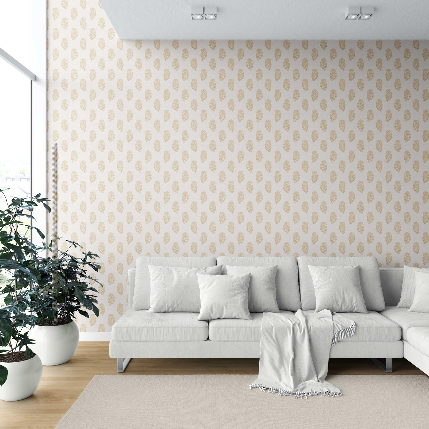 Botanical/ Floral Block Print Shower Toilet Wallpaper Sample (Yellow/ Cream)