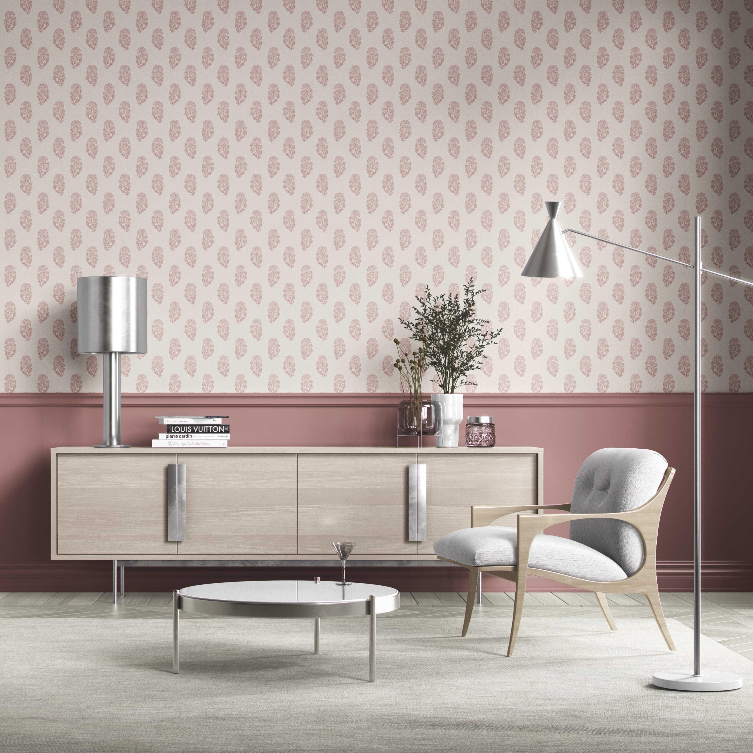 Botanical/ Floral Block Print Kitchen Wallpaper (Pink/ Cream)