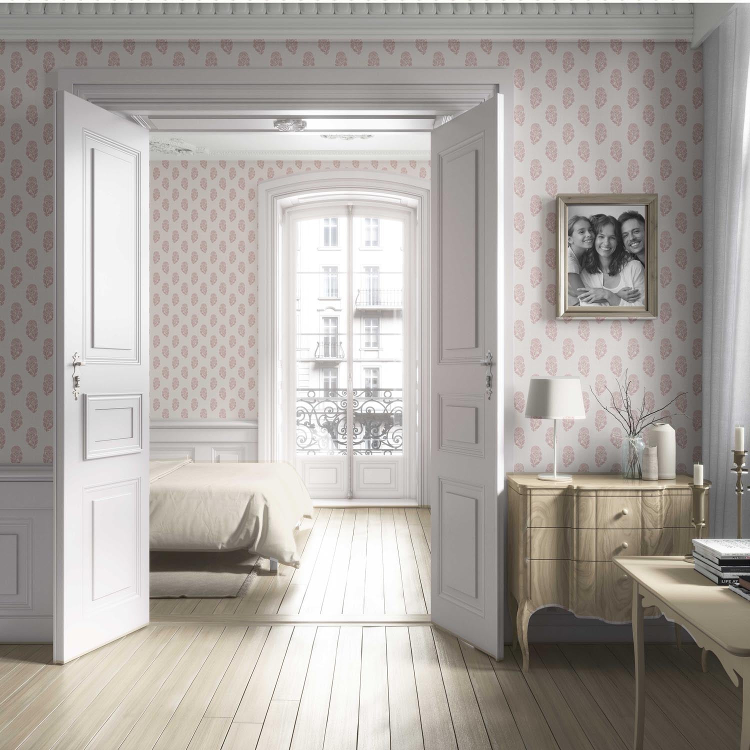 Botanical/ Floral Block Print Living Room Wallpaper Sample (Pink/ Cream)