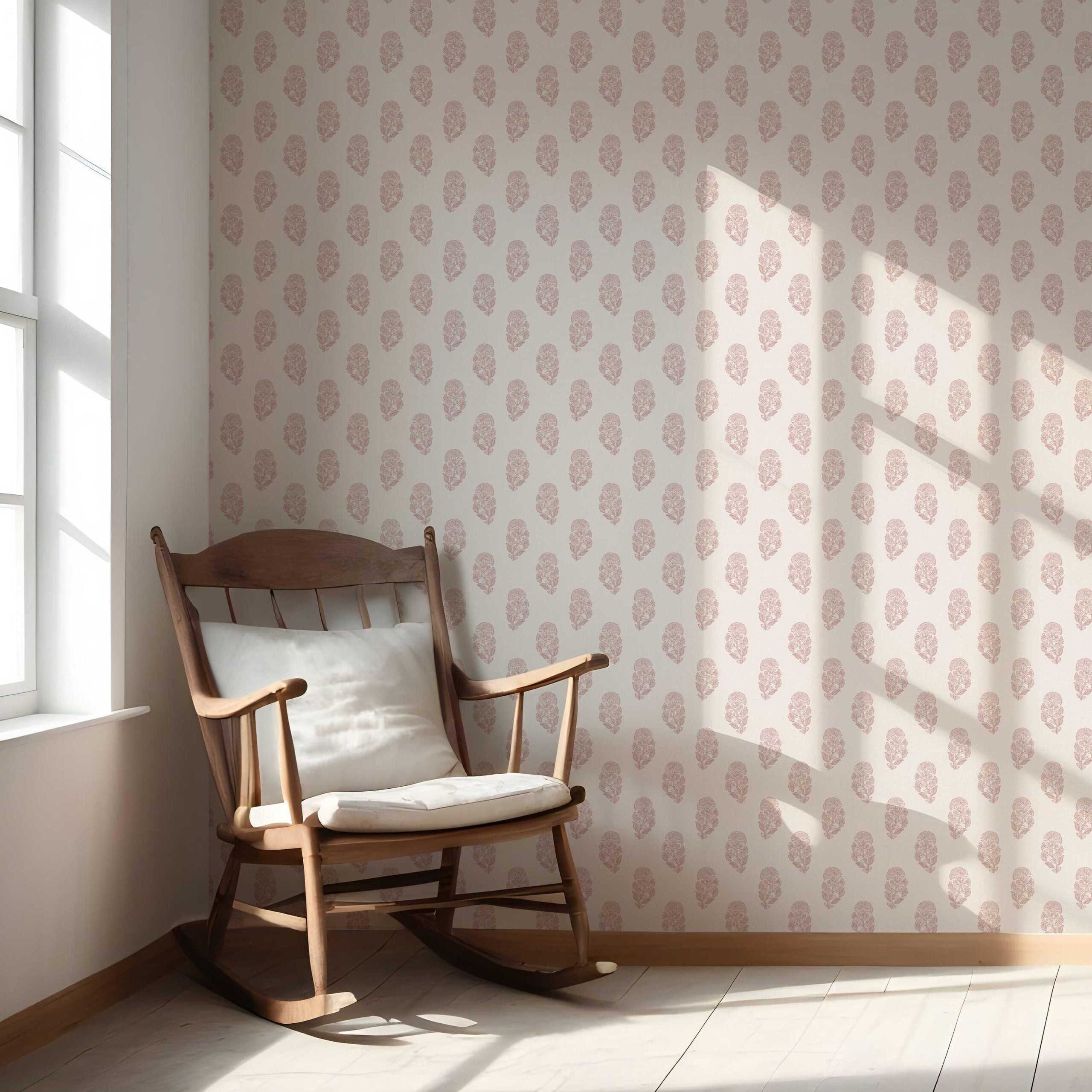 Botanical/ Floral Block Print Nursery Wallpaper Sample (Pink/ Cream)