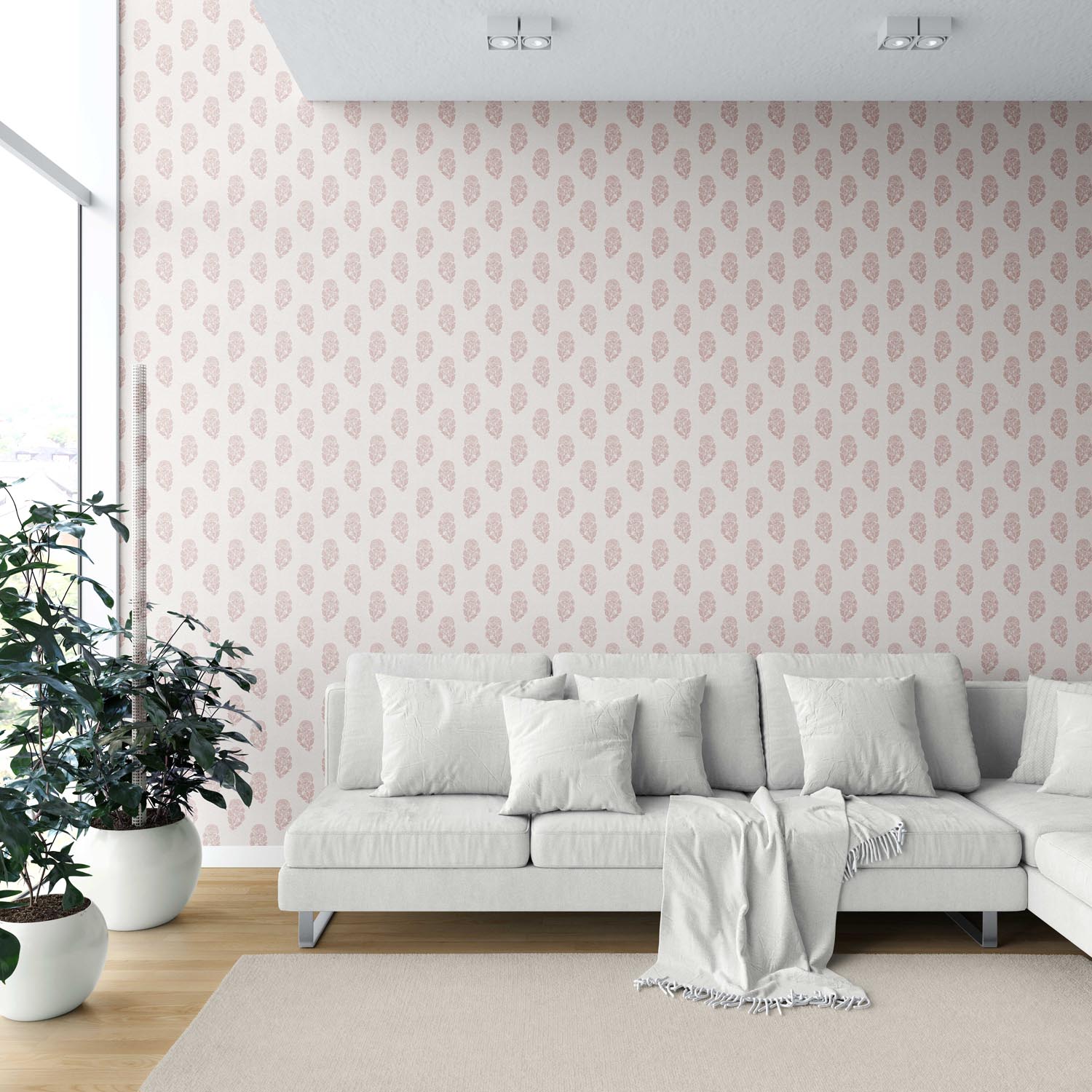 Botanical/ Floral Block Print Shower Toilet Wallpaper Sample (Pink/ Cream)