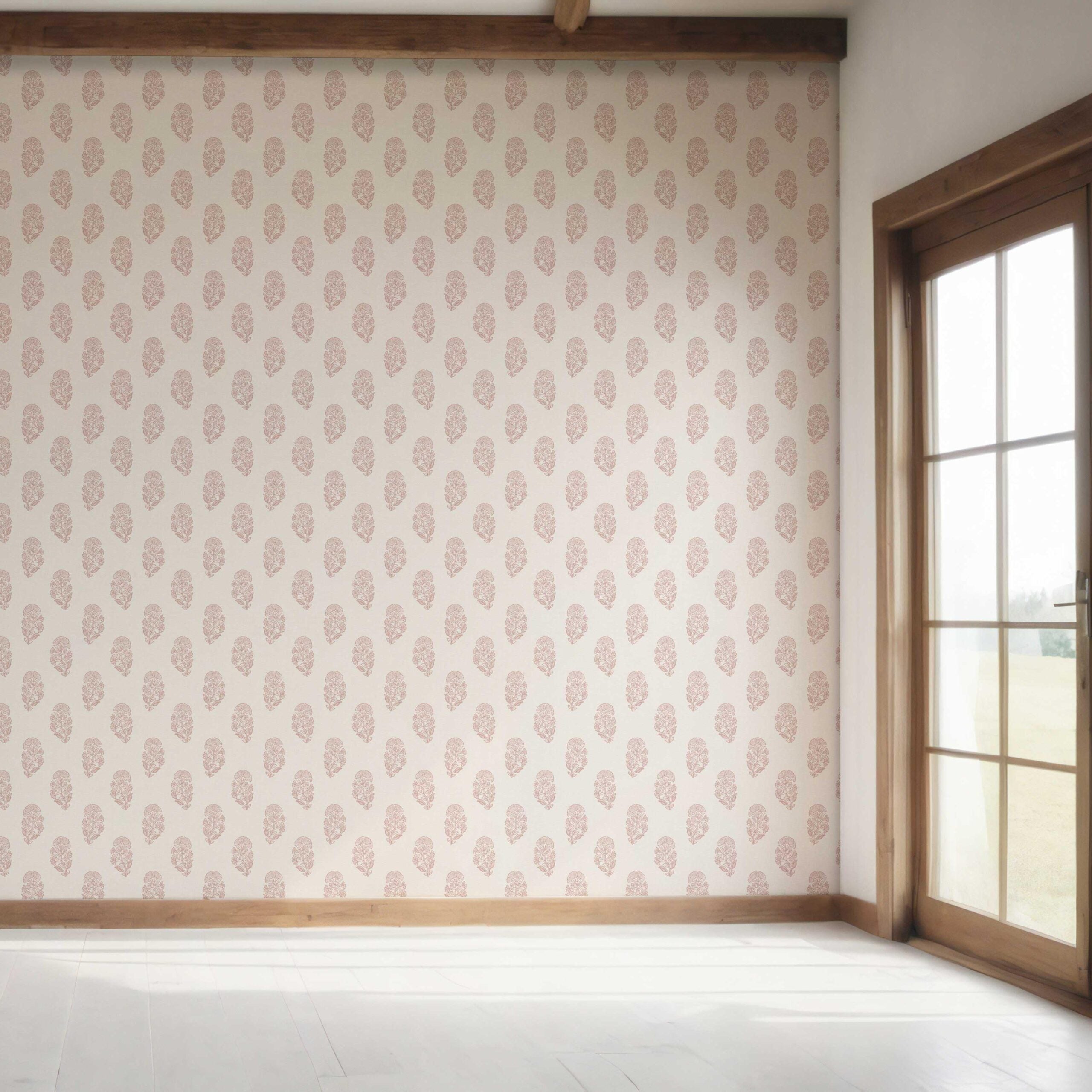 Botanical/ Floral Block Print Bedroom Wallpaper (Pink/ Cream)