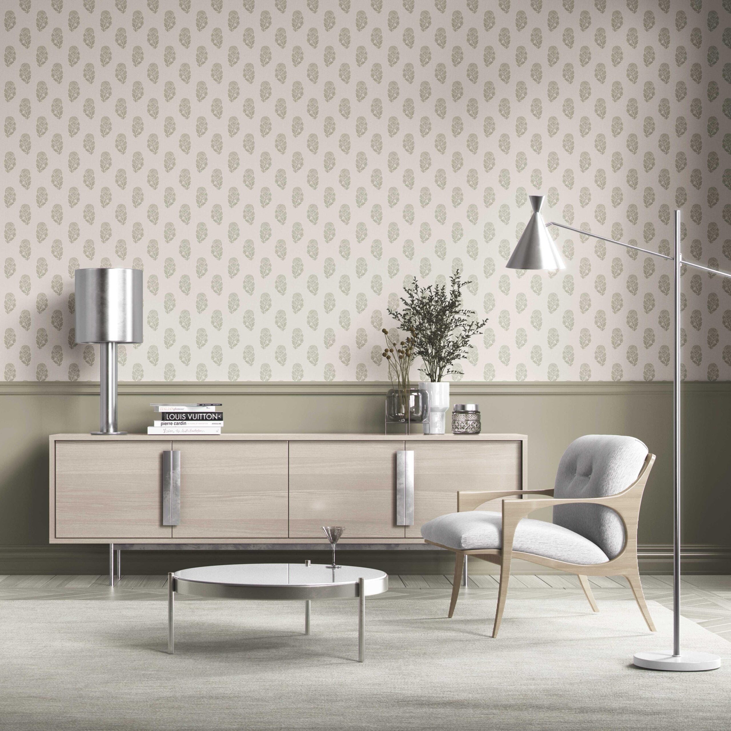 Botanical/ Floral Block Print Kitchen Wallpaper Sample (Olive Green/ Cream)