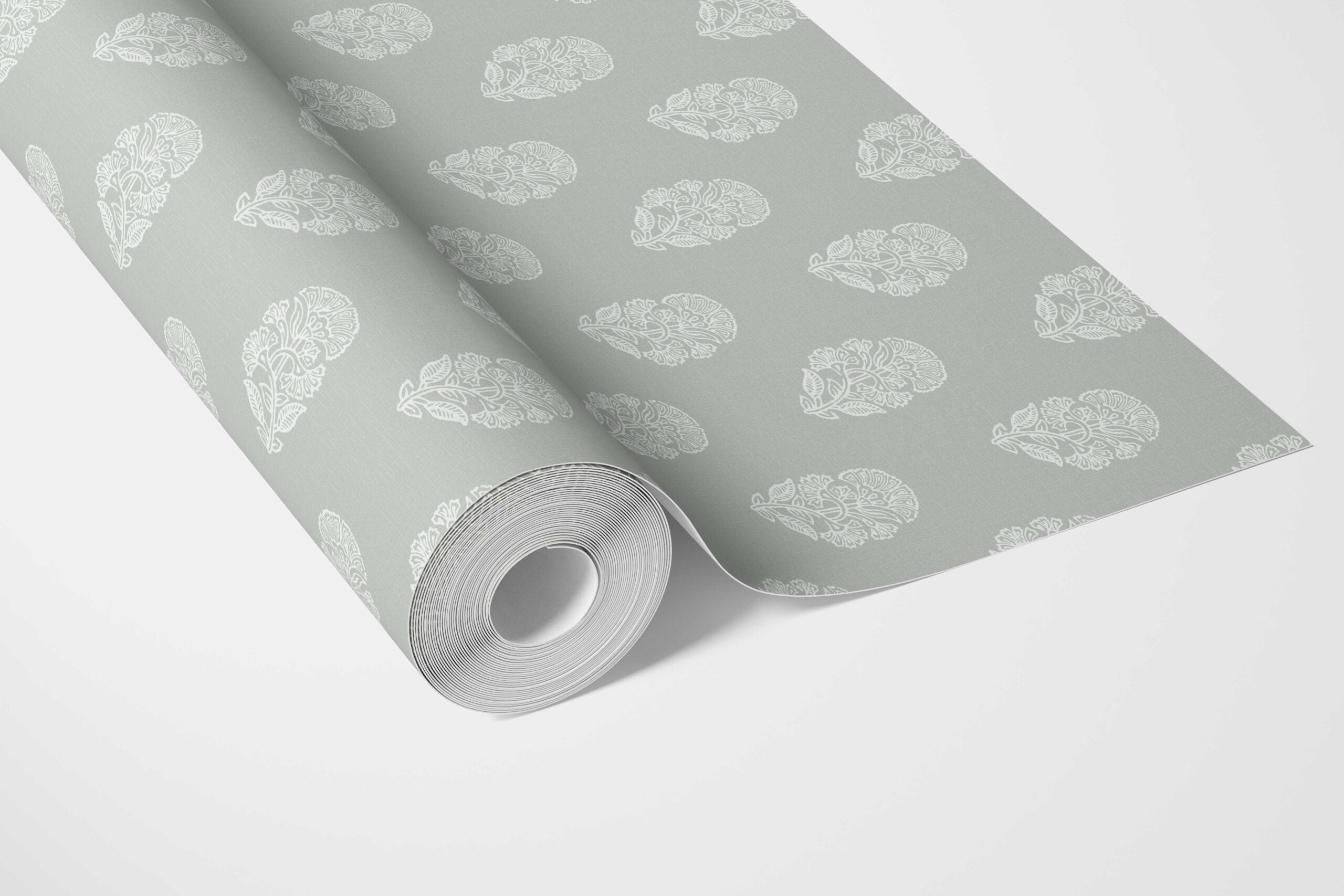 Neutral Botanical/ Floral Block Print Bathroom Wallpaper (Green-Gray)
