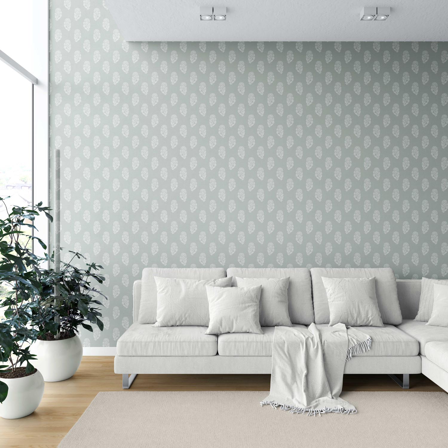 Neutral Botanical/ Floral Block Print Shower Toilet Wallpaper (Green-Gray)