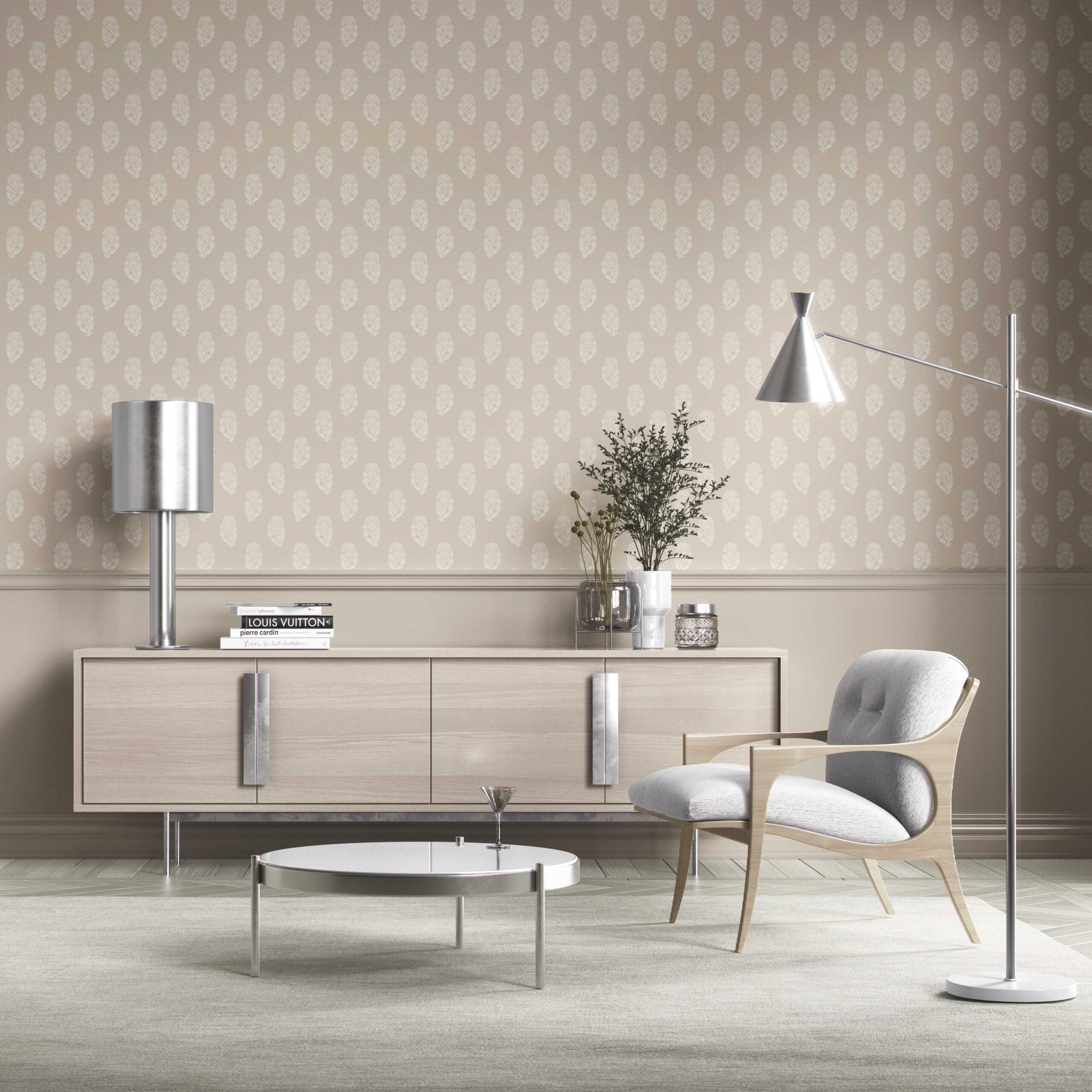 Neutral Botanical/ Floral Block Print Kitchen Wallpaper Sample (Beige/ White)