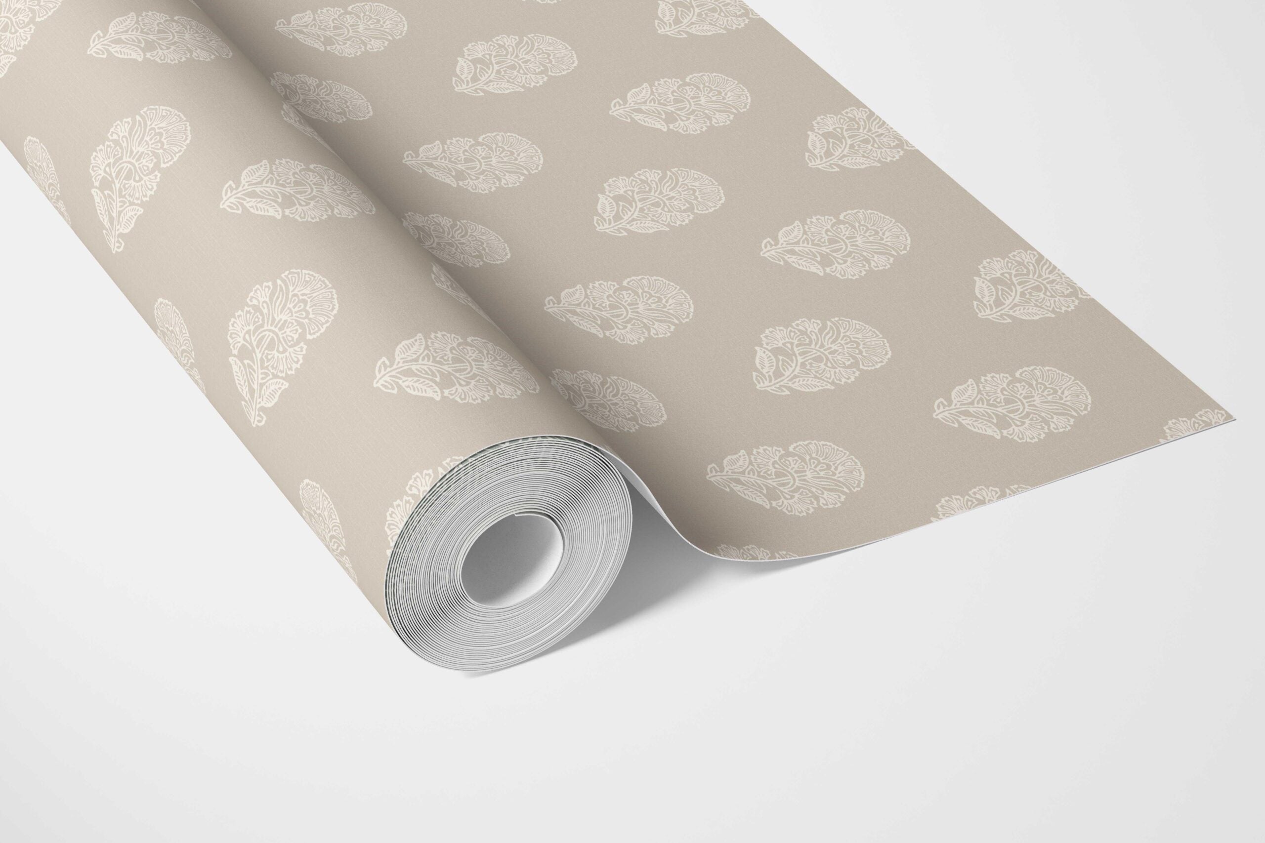 Neutral Botanical/ Floral Block Print Bathroom Wallpaper Sample (Beige/ White)