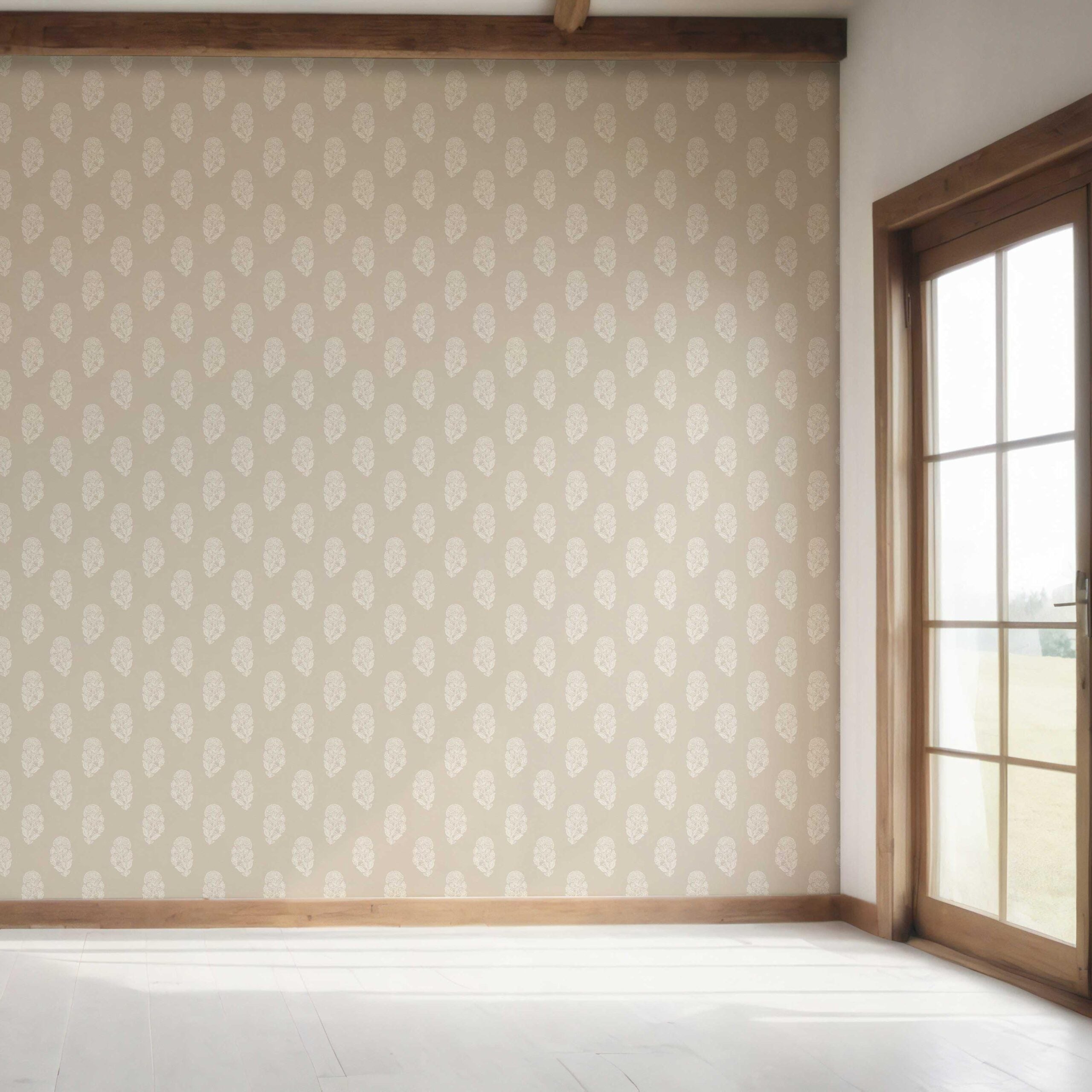 Neutral Botanical/ Floral Block Print Bedroom Wallpaper Sample (Beige/ White)